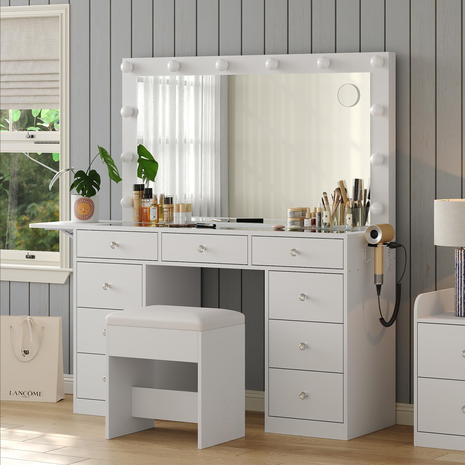 Vanity Desk with Power Outlet & LED Lights - Makeup Vanity Set with Mirror, 9 Drawers & Fold-up Panel - 3 Adjustable Lighting Modes (White) | Perfect for Bedroom, Dressing Room & Beauty Salon