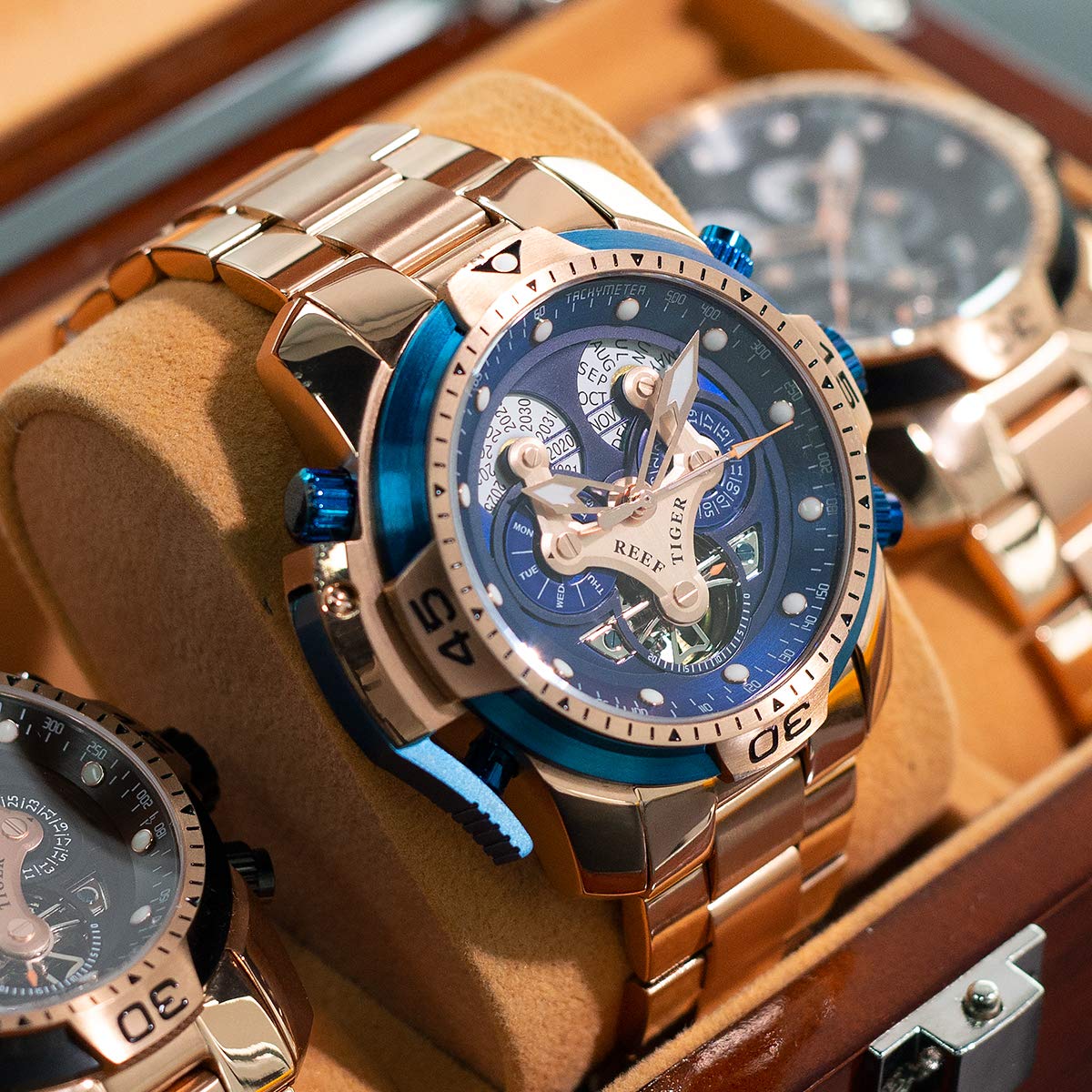REEF TIGER Luxury Men's Mechanical Watch - Rose Gold Date Day Complicated Bracelet Watch RGA3503 | Perfect for Business, Formal Events & Gift Giving