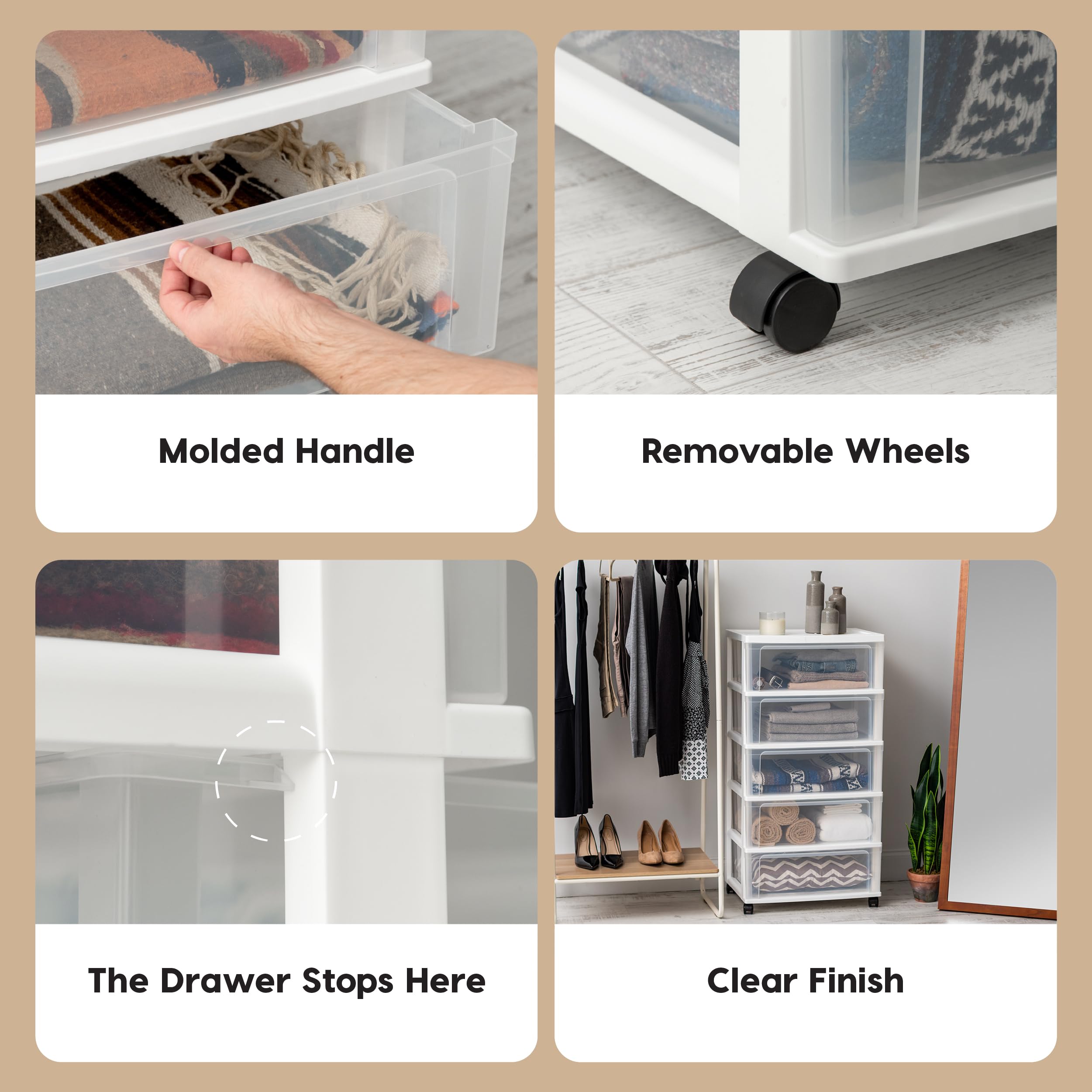 5-Drawer Rolling Storage Cart with Wheels - White/Pearl for Bedroom, Bathroom & Dorm Organization