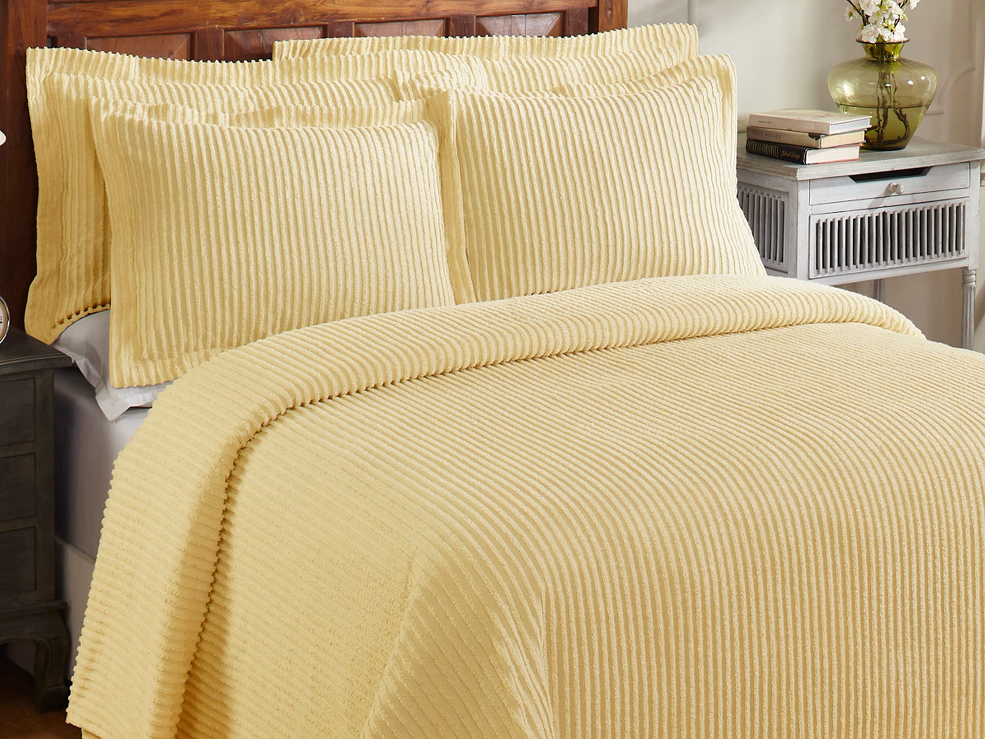 Better Trends Yellow King Bedspread Set - 100% Cotton Tufted Classic Stripe Coverlet | Soft & Cozy All-Season Bedding | Machine Washable 3-Piece Set - Jullian Collection | Perfect for Master Bedroom, Guest Room & Dorm Decor