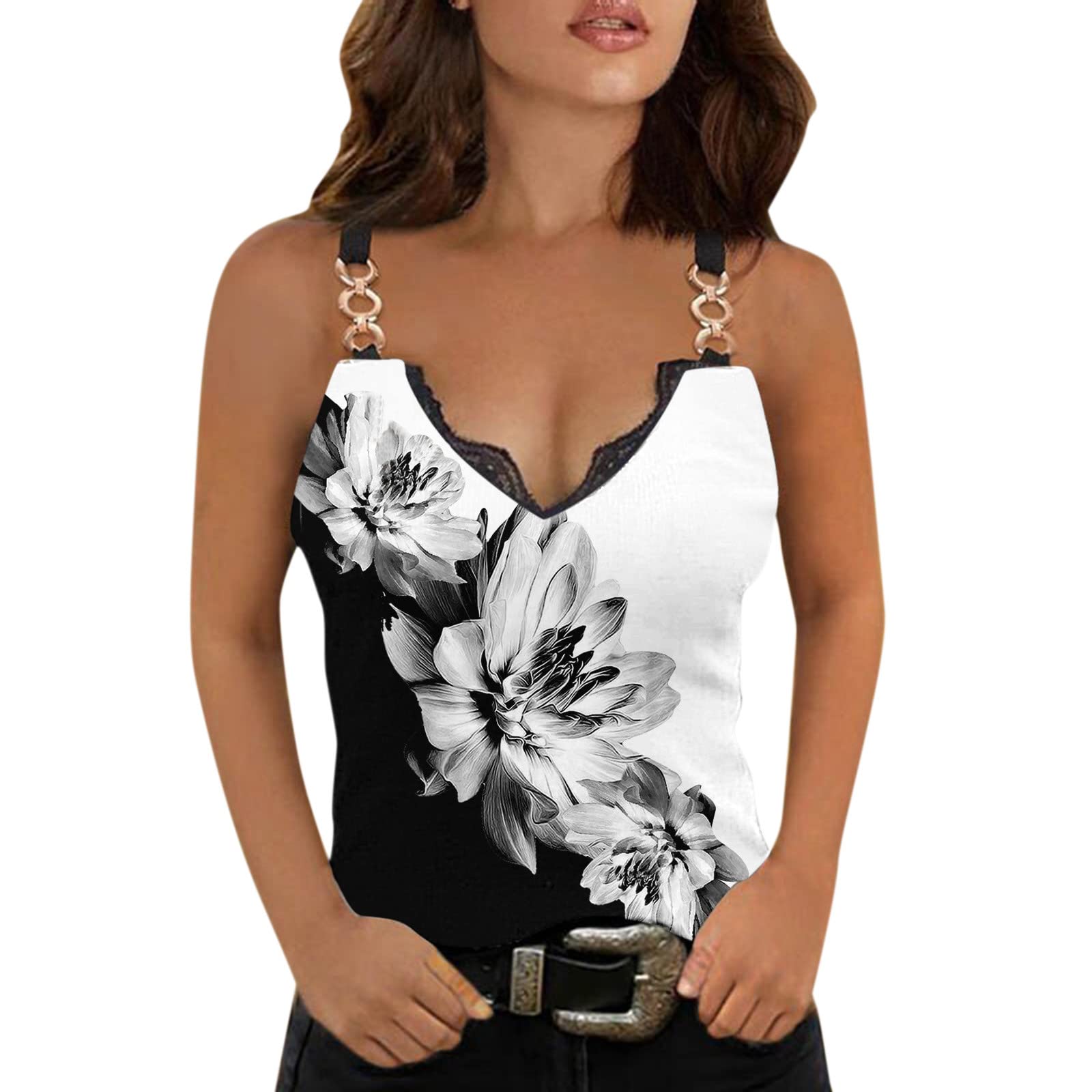 Women's Summer Tank Tops - Sexy V-Neck Spaghetti Strap Sleeveless Shirt with Lace Trim (White, Small) | Perfect for Beach, Vacation & Casual Outfits