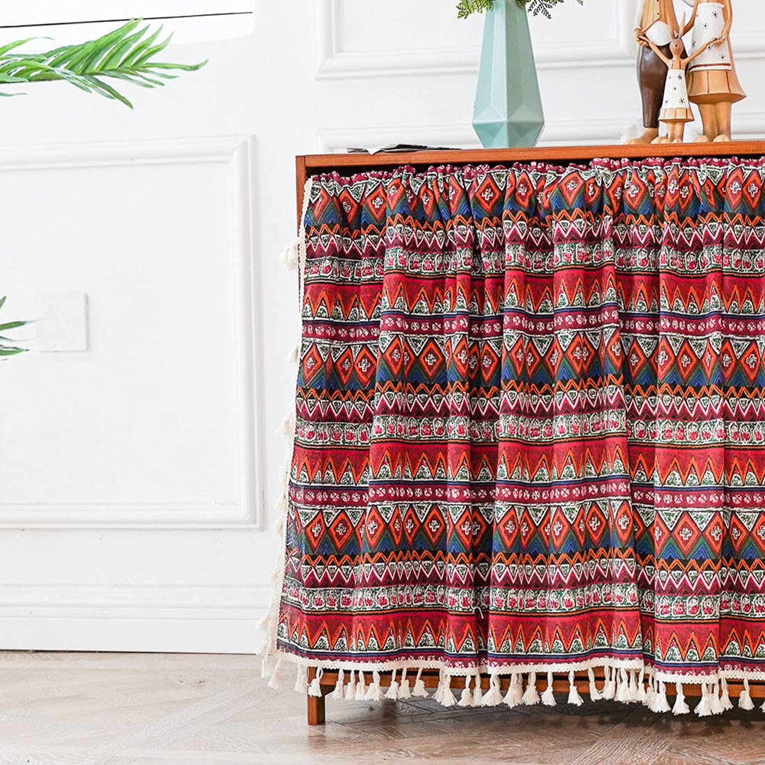 Boho Cotton Linen Cafe Curtains with Tassels - Geometric Print Short Kitchen Curtains with Rod Pocket, 24x35 Inches, Red - Perfect for Kitchen Windows, Cabinets & Boho Home Decor