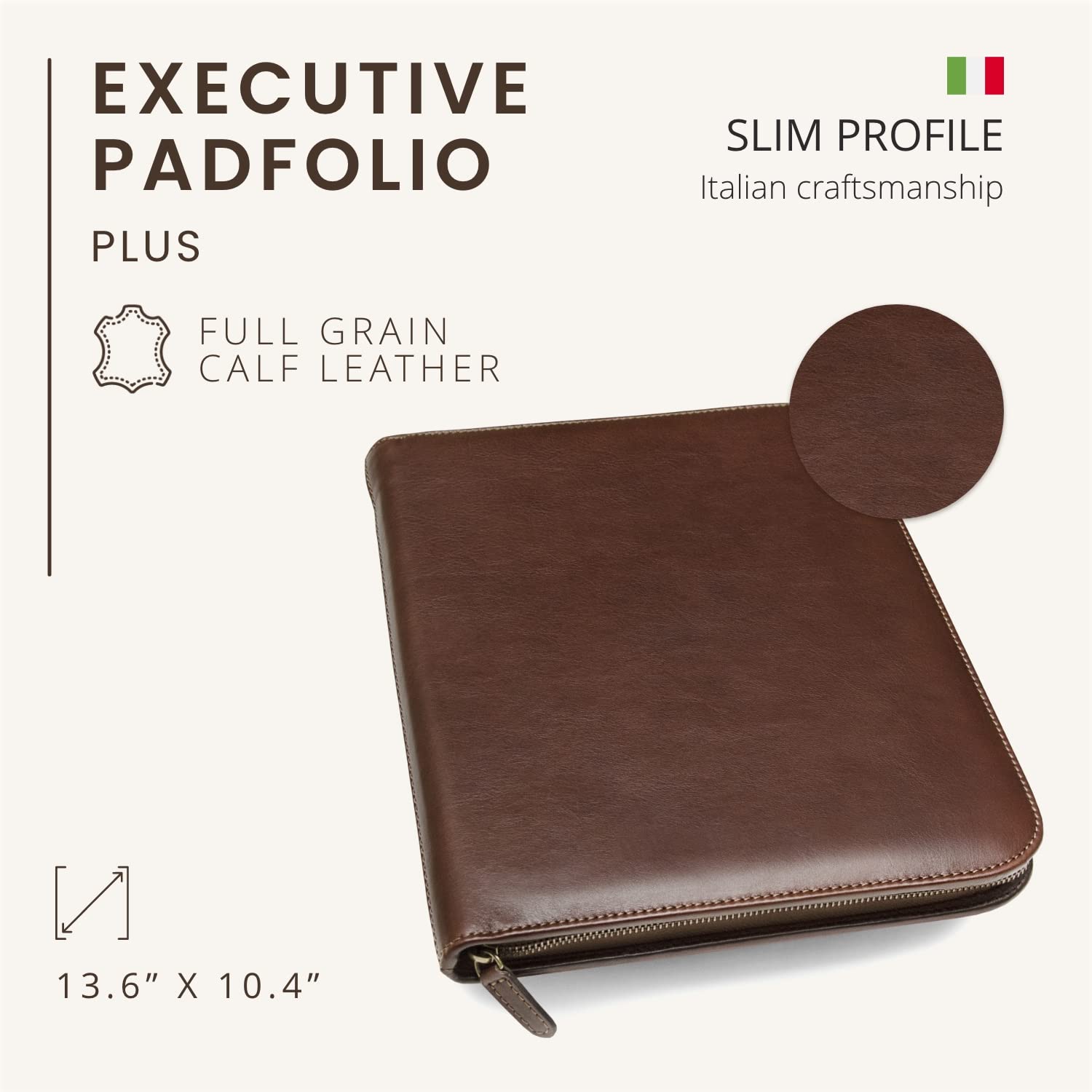 Premium Italian Leather Portfolio Padfolio for Professionals - Personalized Monogram Zippered Executive Folio for Men & Women - Document Organizer with Laptop Sleeve & iPad Case - Perfect for Business Meetings, Office Work & Travel - Made in Italy (Brown)