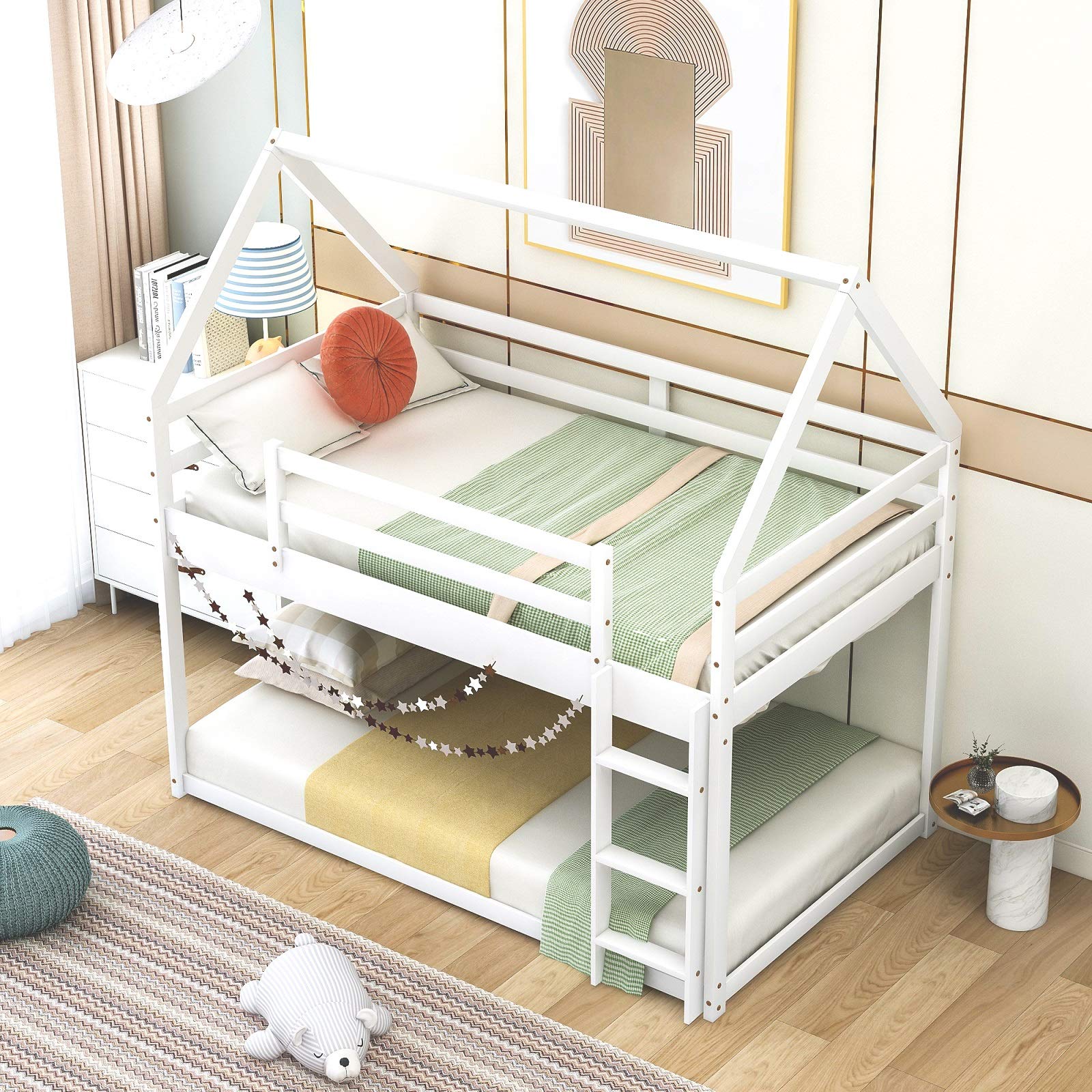 Rhomtree Twin Over Twin Low Bunk Bed with Roof - Sturdy Wood Loft Bed Frame for Kids & Toddlers, No Box Spring Needed, Easy Assembly (White) - Perfect for Small Bedrooms, Shared Kids Rooms & Space-Saving Home Decor