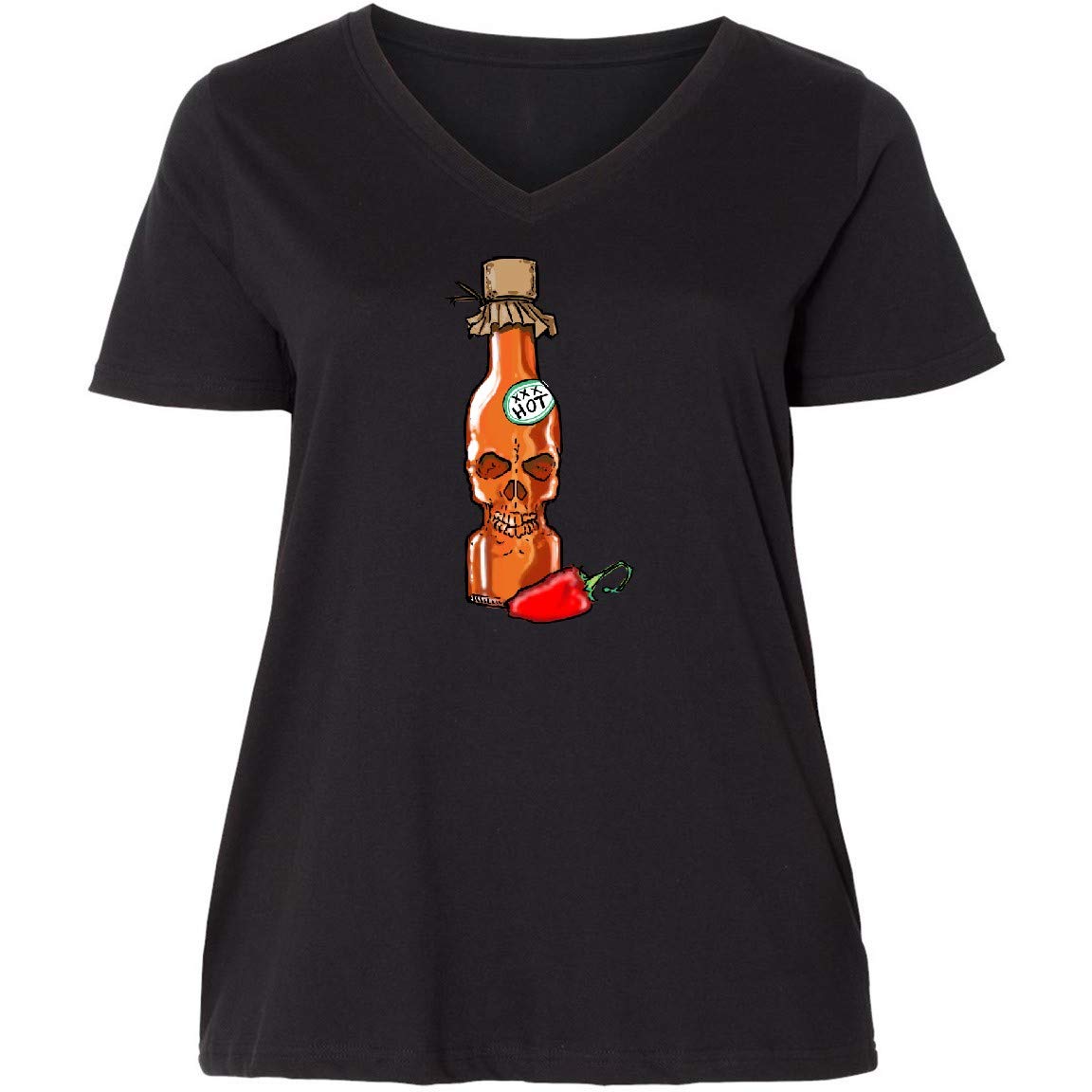 Inktastic Hot Sauce Skull Bottle with Pepper Women's Plus Size V-Neck T-Shirt - Spicy Food Lover Graphic Tee for Casual Wear, Halloween & Hot Sauce Enthusiasts