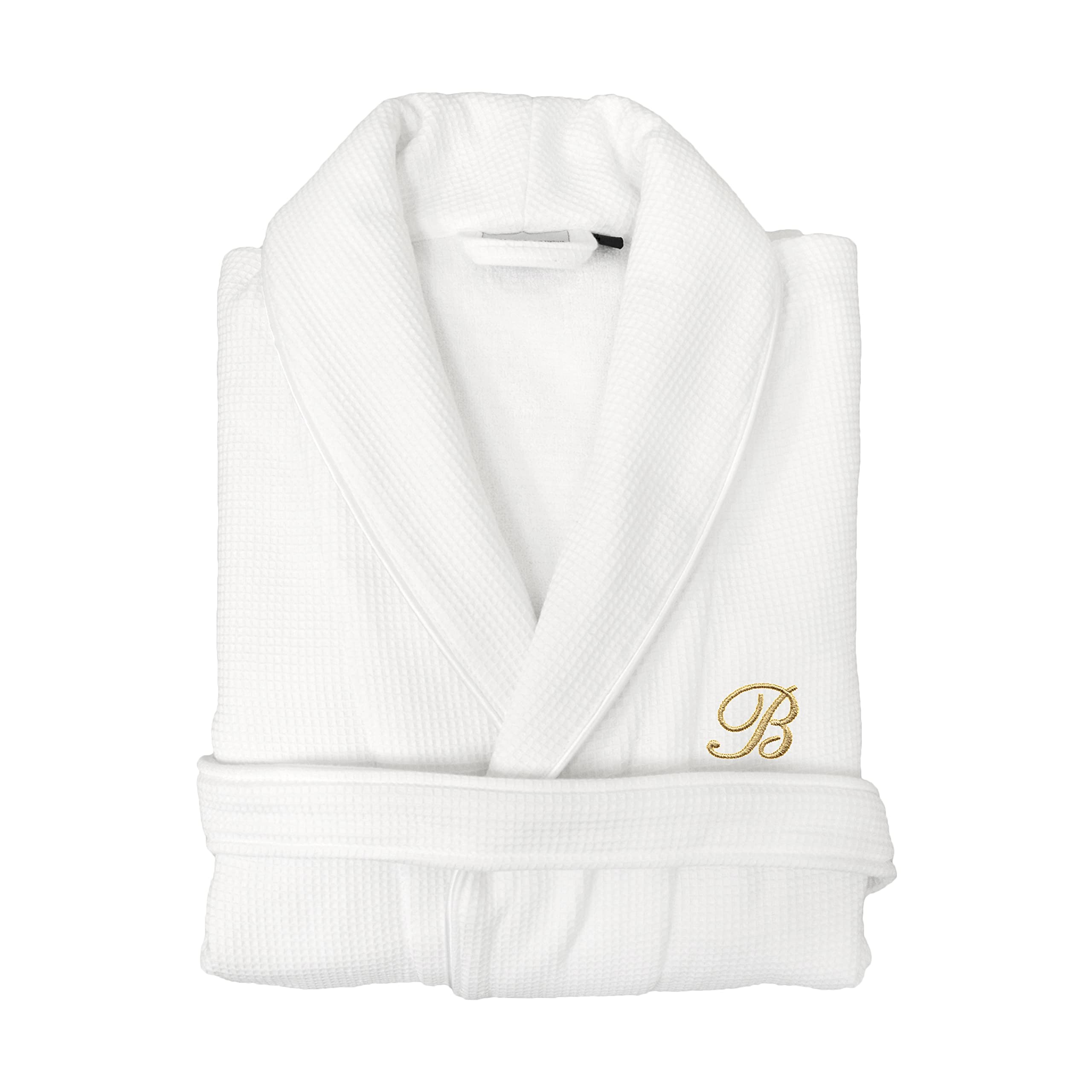 Premium Unisex Gold Monogrammed Turkish Cotton Waffle Weave Bath Robe - White & Gold - Size L/XL - Soft Luxury Spa & Hotel Style Robe for Relaxation at Home