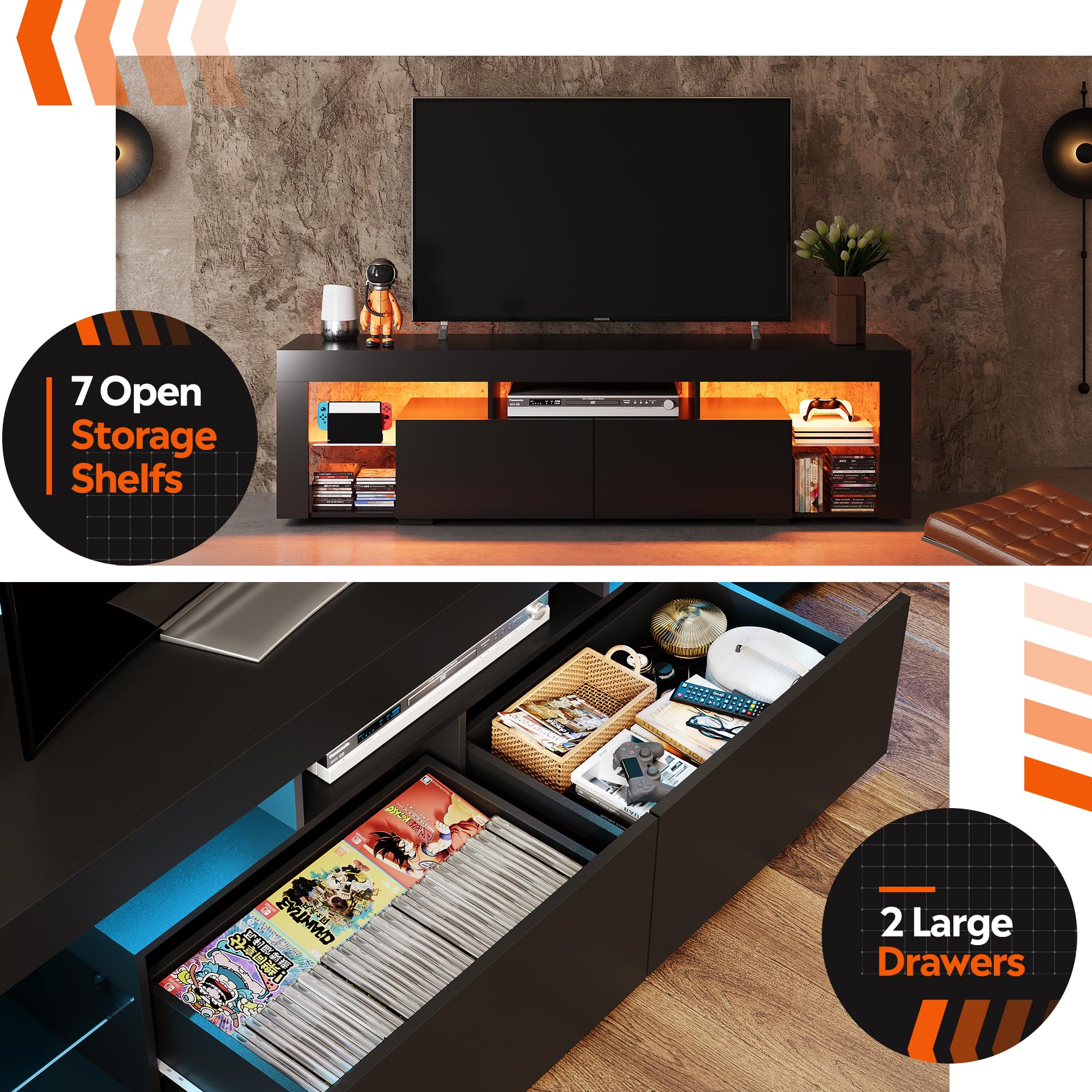 WLIVE 63 Inch TV Stand for 60-70 Inch TVs - Modern LED Entertainment Center with 2 Drawers - Black TV Console for Living Room - Perfect for Home Theater & Family Entertainment