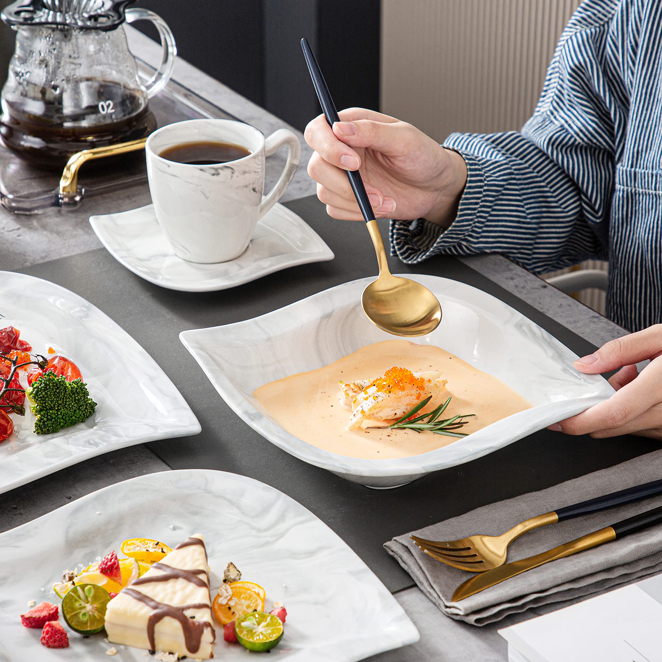 30-Piece MALACASA Porcelain Dinnerware Set for 6 - Modern Square Plates, Bowls, Cups & Saucers - Marble-Look Dish Set (Elvira Series) - Perfect for Family Dinners, Entertaining Guests & Restaurant-Style Dining