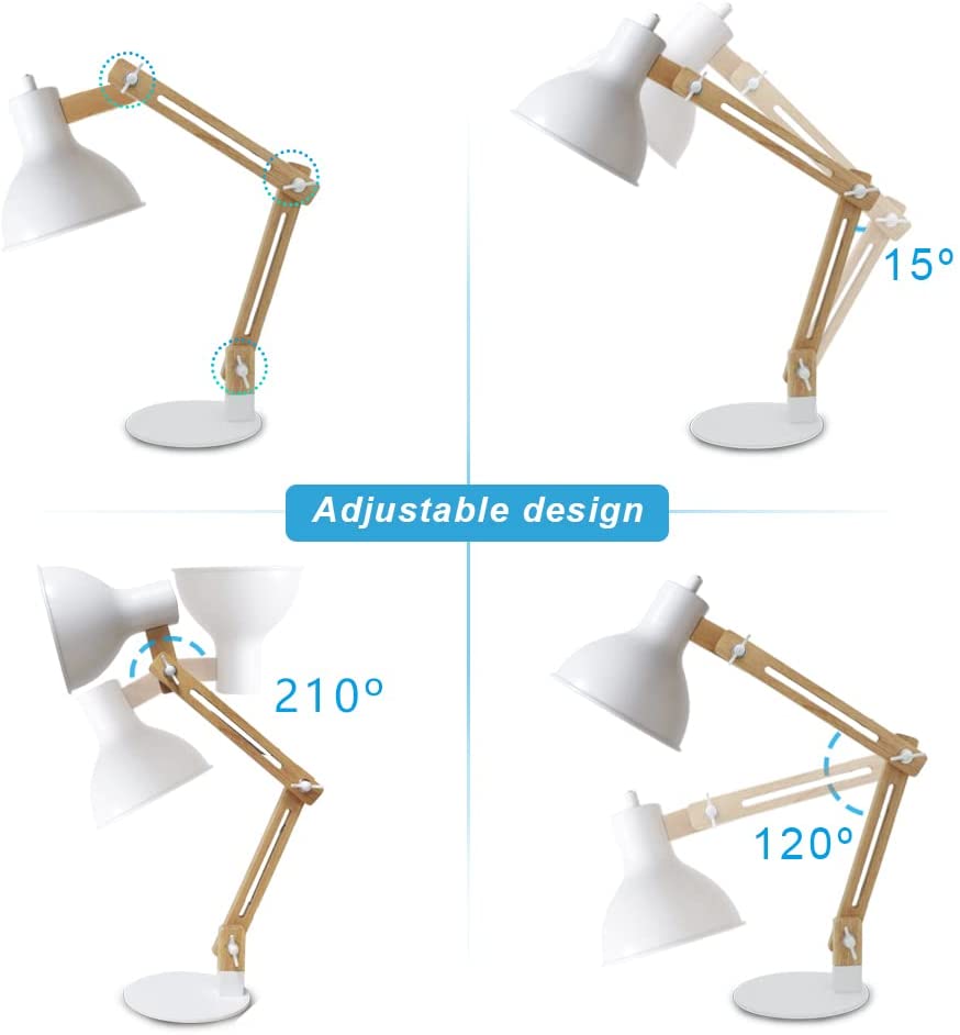 Depuley Swing Arm Desk Lamp - Adjustable Wood Gooseneck Table Light with White Metal Shade (Bulb Included) | Modern Architect Design for Home Office, Study, Bedroom & College Dorm | Perfect Reading Light for Work & Nighttime Use
