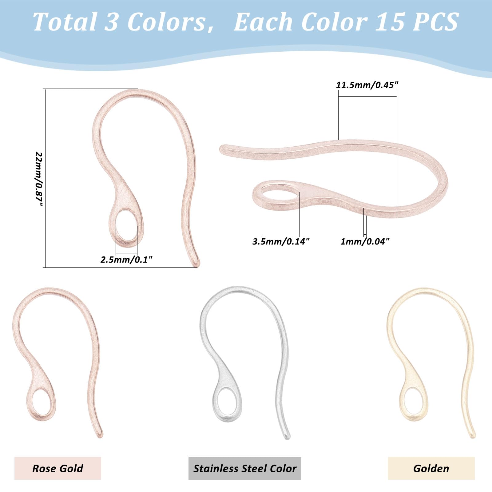 45pcs 3-Color 304 Stainless Steel Earring Hooks & Ear Wires with Loop - DIY Jewelry Making Supplies for Handmade Earrings, Gifts & Craft Projects