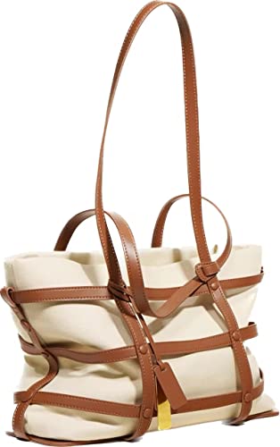FURINFASHION GR-77 Women's Large Canvas Tote Bag with Leather Strap - Woven Basket Design, Spacious Shoulder Bag for Shopping, Beach, Work & Travel (One Size, Brown)