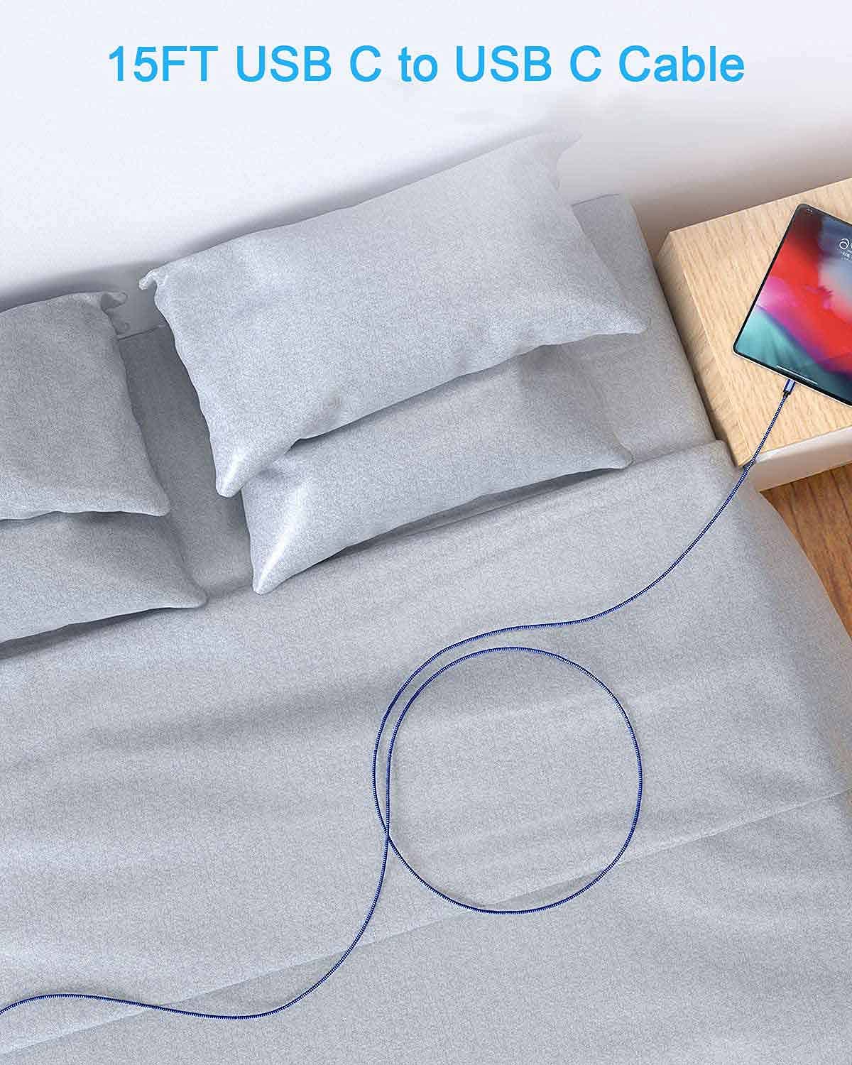 15ft USB-C to USB-C Fast Charging Cable - 60W PD Braided Nylon Cord for iPhone 15/15 Pro, iPad Pro, Samsung Galaxy S23/S22, Pixel 6 Pro, PS5 Controller - Long Durable Charger for Home, Office & Travel