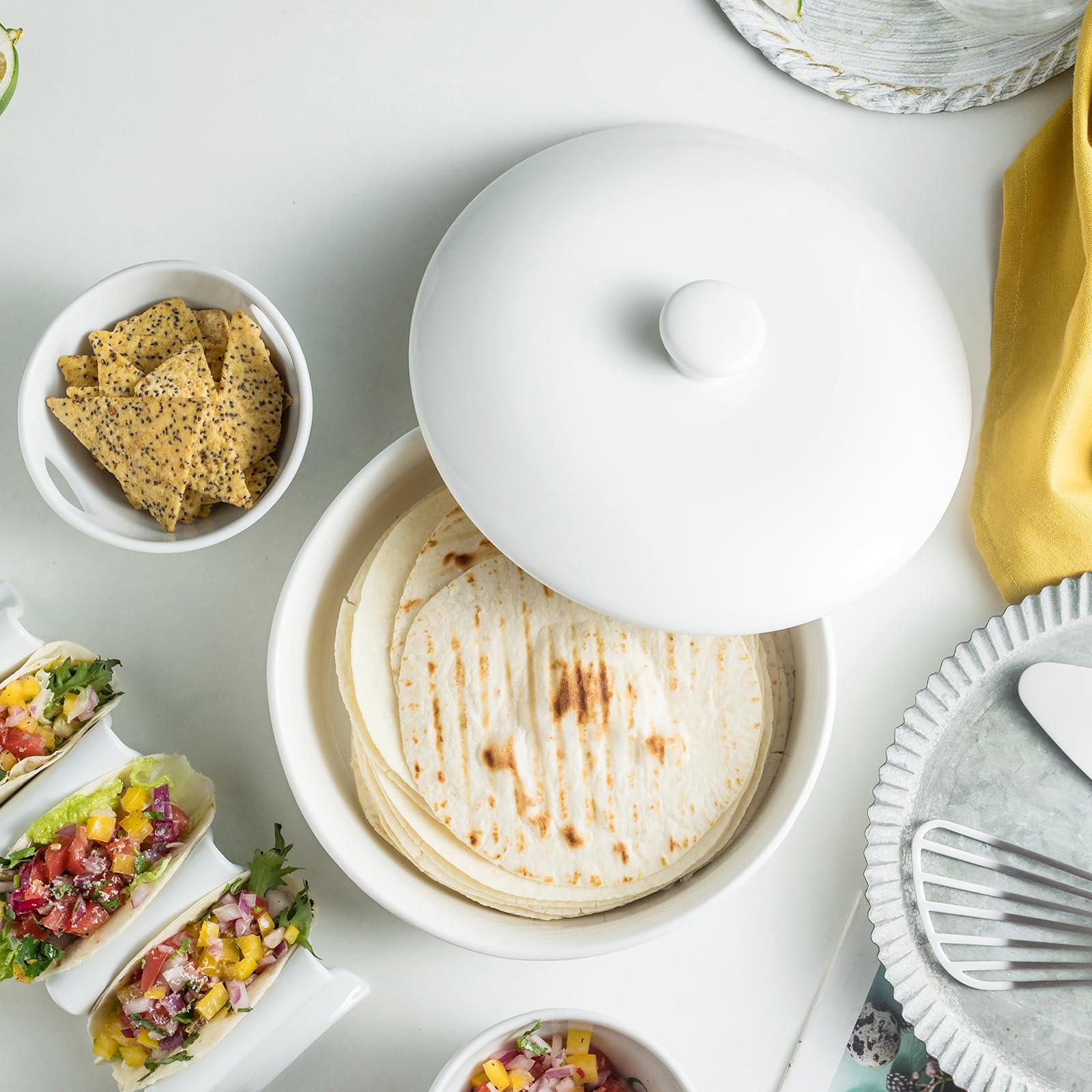 Microwave Safe Tortilla Warmer with Lid - 8.8 Inch Ceramic Taco Holder for Taco Tuesday & Taco Bar - Oven Safe Bread & Pancake Warmer - Perfect for Mexican Food Nights, Breakfast Buffets & Party Serving