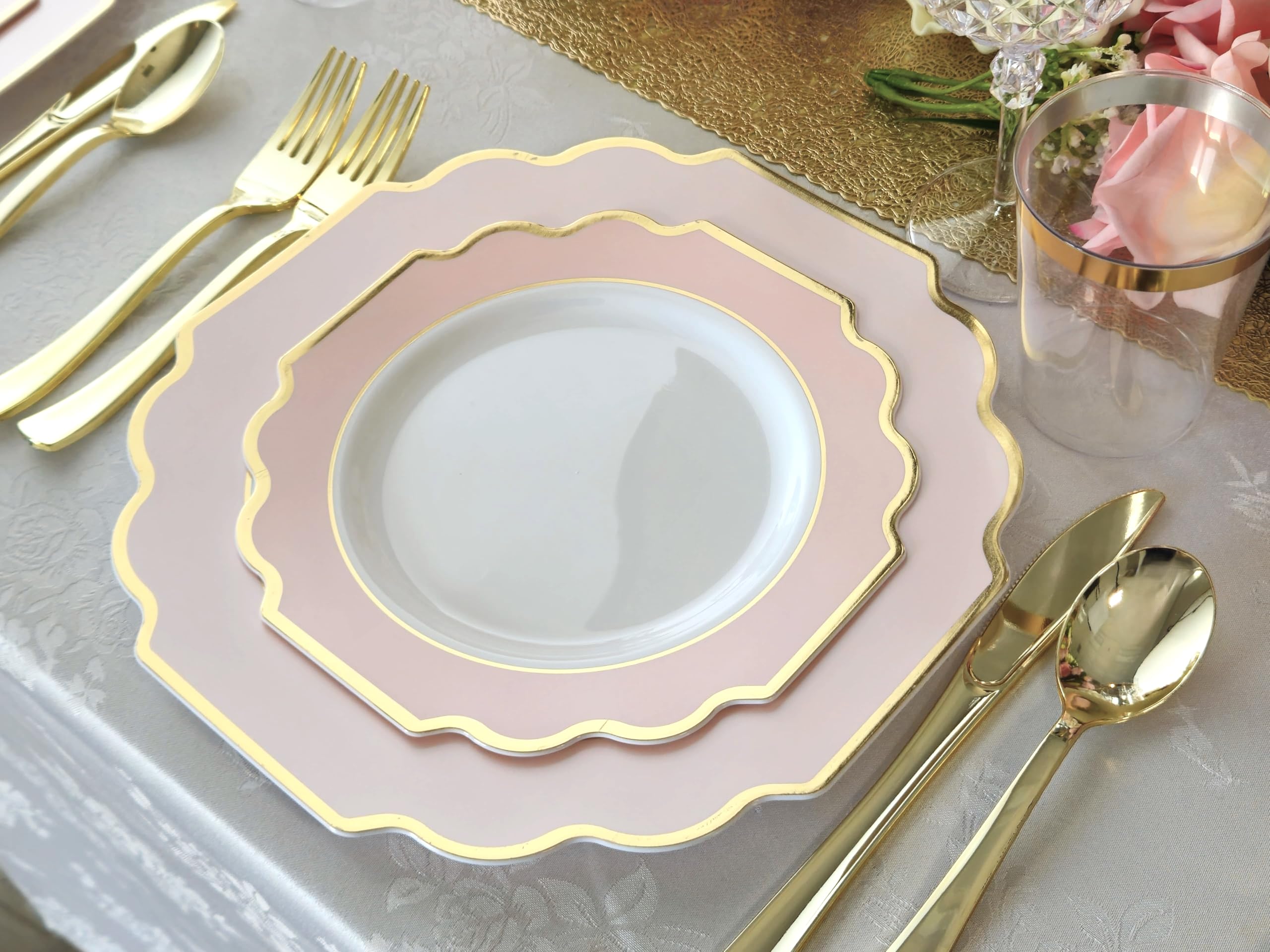 640-Piece Heavyweight Disposable Plastic Plate Set for Weddings & Parties - 80 x 10.5'' Dinner Plates, 80 x 8'' Dessert Plates, Silverware, Cups & Napkins in Blush Pink & Gold - Elegant Tableware for 80 Guests | Perfect for Bridal Showers, Baby Showers & Formal Events