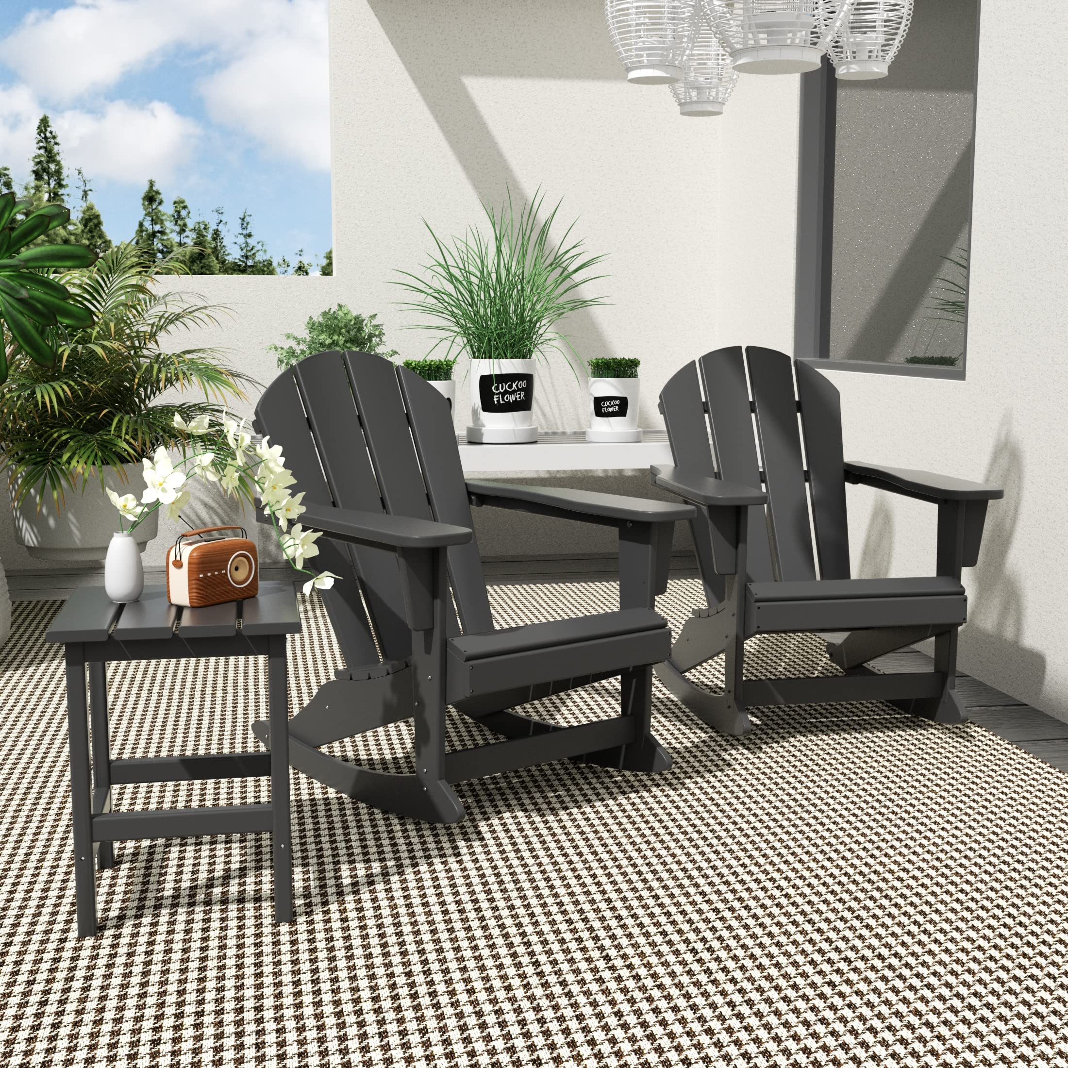 WO Home Furniture 3-Piece Patio Rocking Chair Set - Classic Outdoor Adirondack Rocker Chairs & Side Table in Gray - Perfect for Backyard, Garden, Porch & Poolside Relaxation