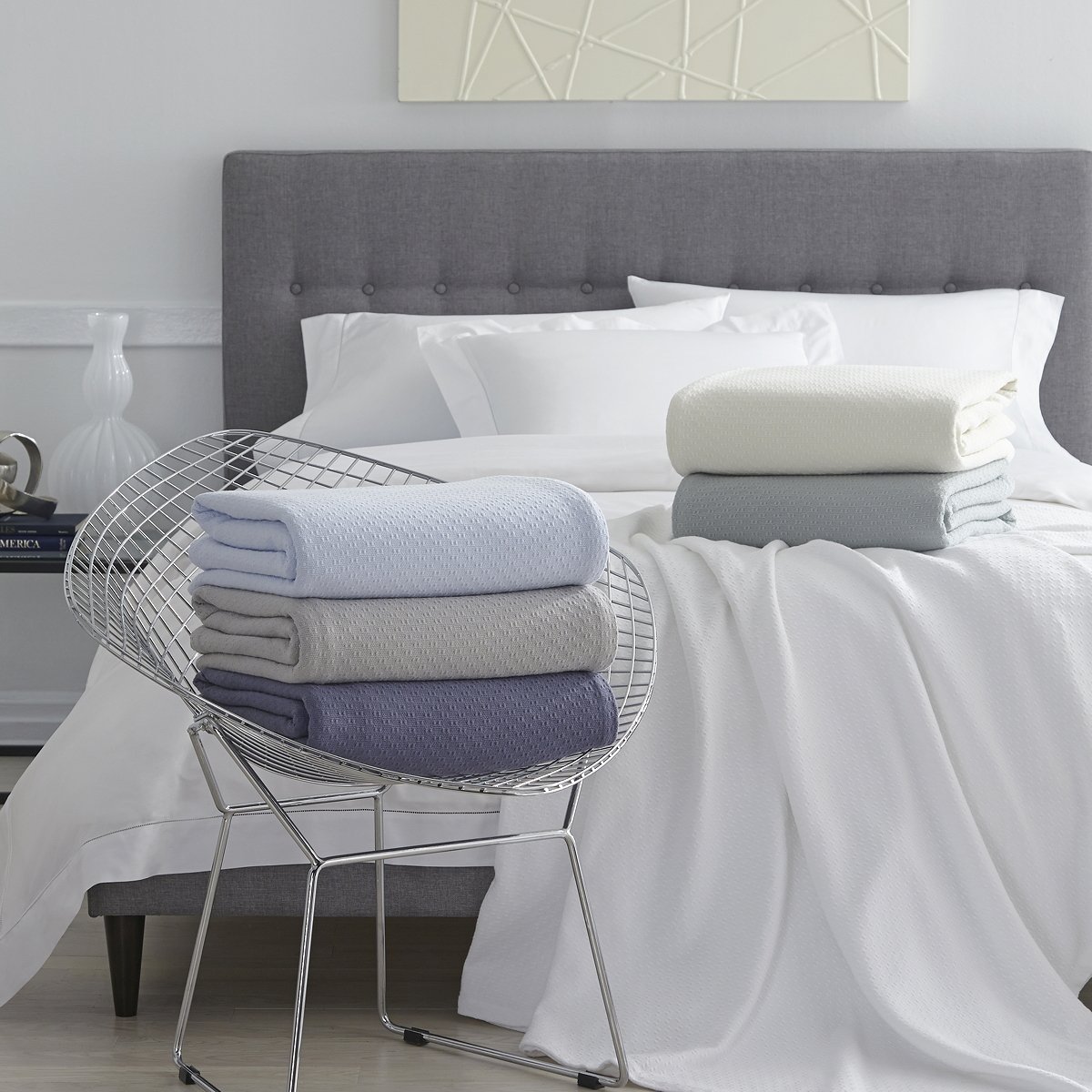 SFERRA Corino White Full/Queen Blanket 100x100 - Luxury 100% Cotton Bed Blanket for Bedroom, Sofa & Guest Room - Soft Breathable Blanket for All Seasons