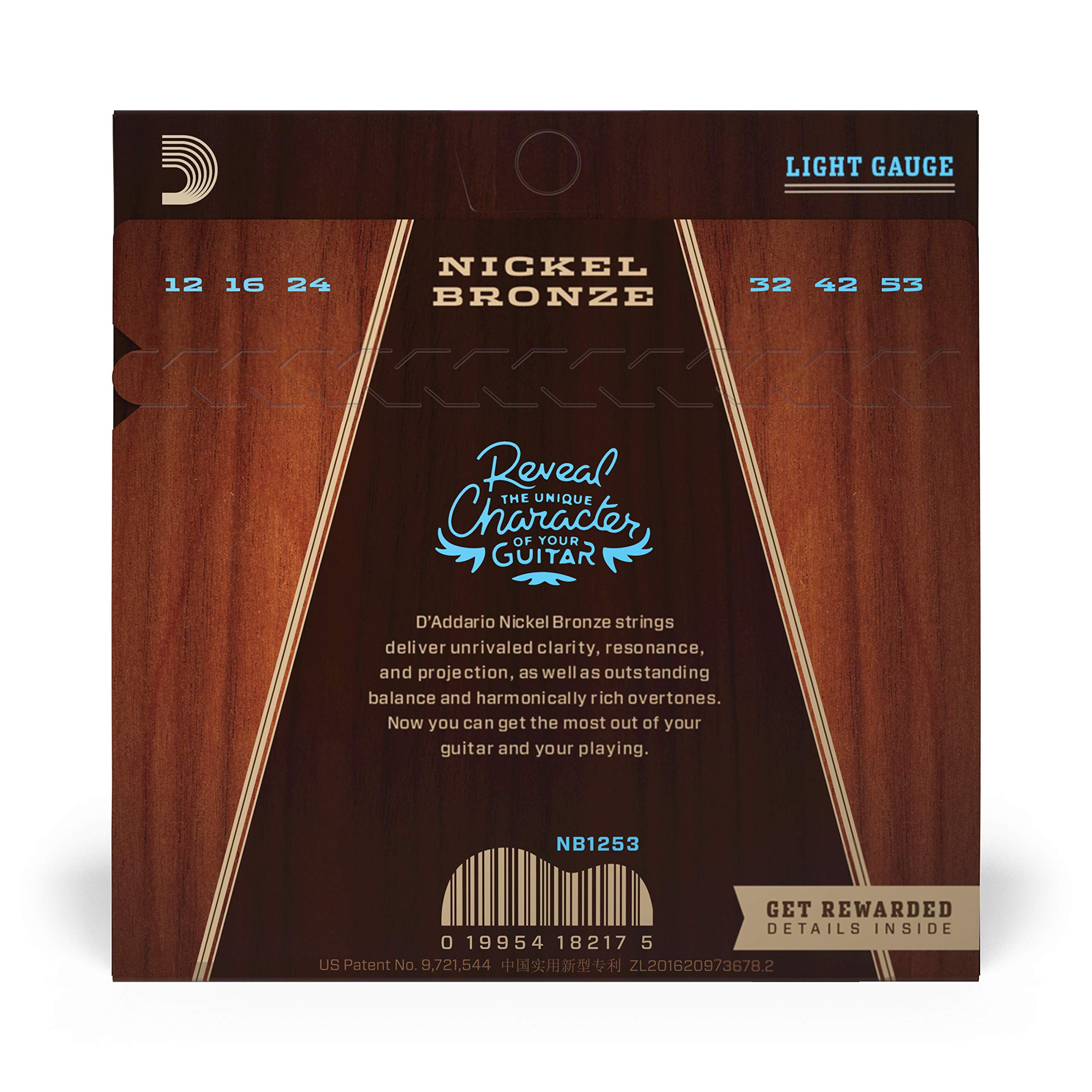 D'Addario NB1253 Acoustic Guitar Strings - Nickel Bronze Light Gauge 12-53 (6-String Set) | Bright Tone & Long-Lasting Performance | Perfect for Folk, Blues & Fingerstyle Playing