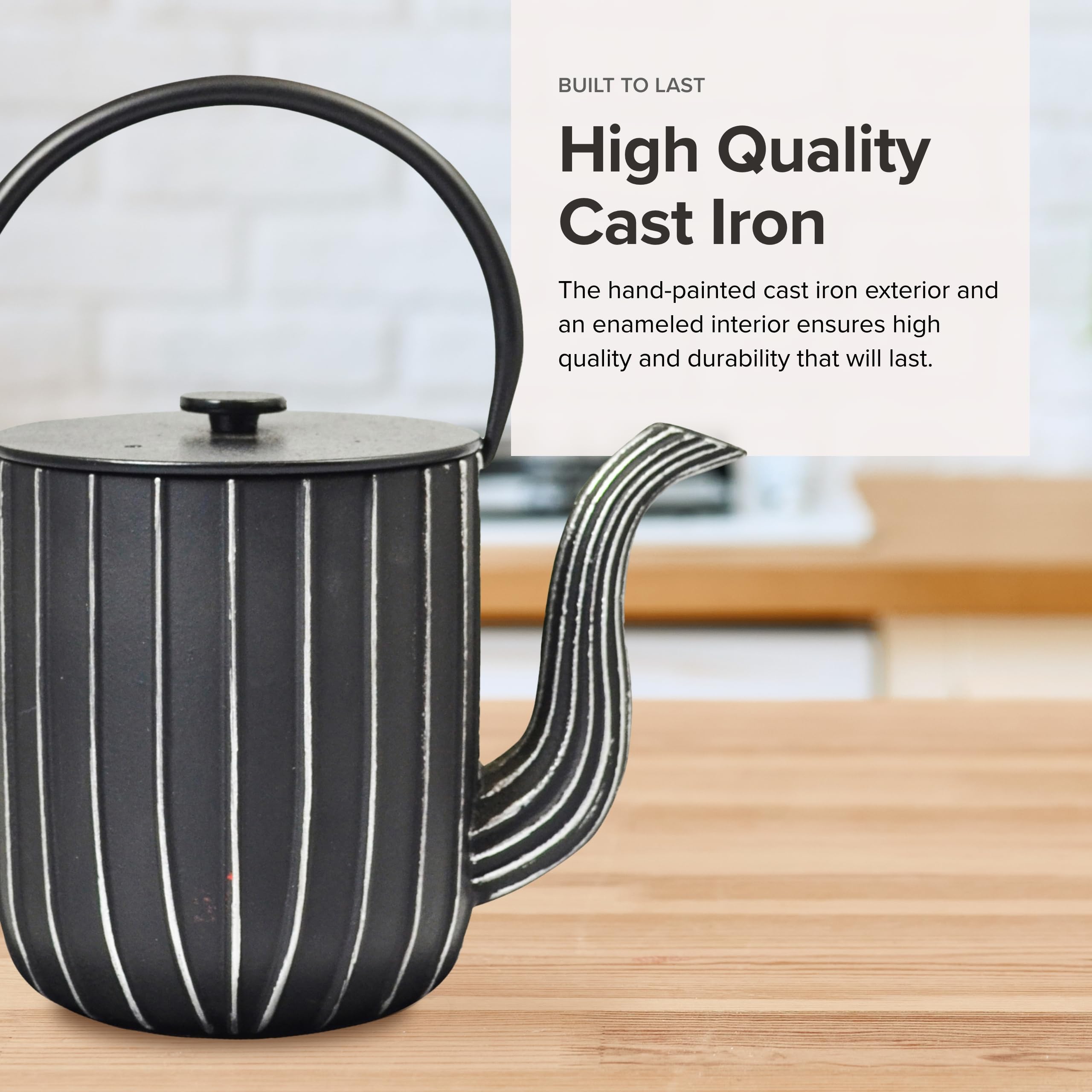 Frieling Ja by Mariage Cast Iron Teapot with Stainless Steel Infuser & Trivet - 34oz Black/Silver Stovetop Tea Kettle - Perfect for Home Brewing, Tea Parties & Gift Giving