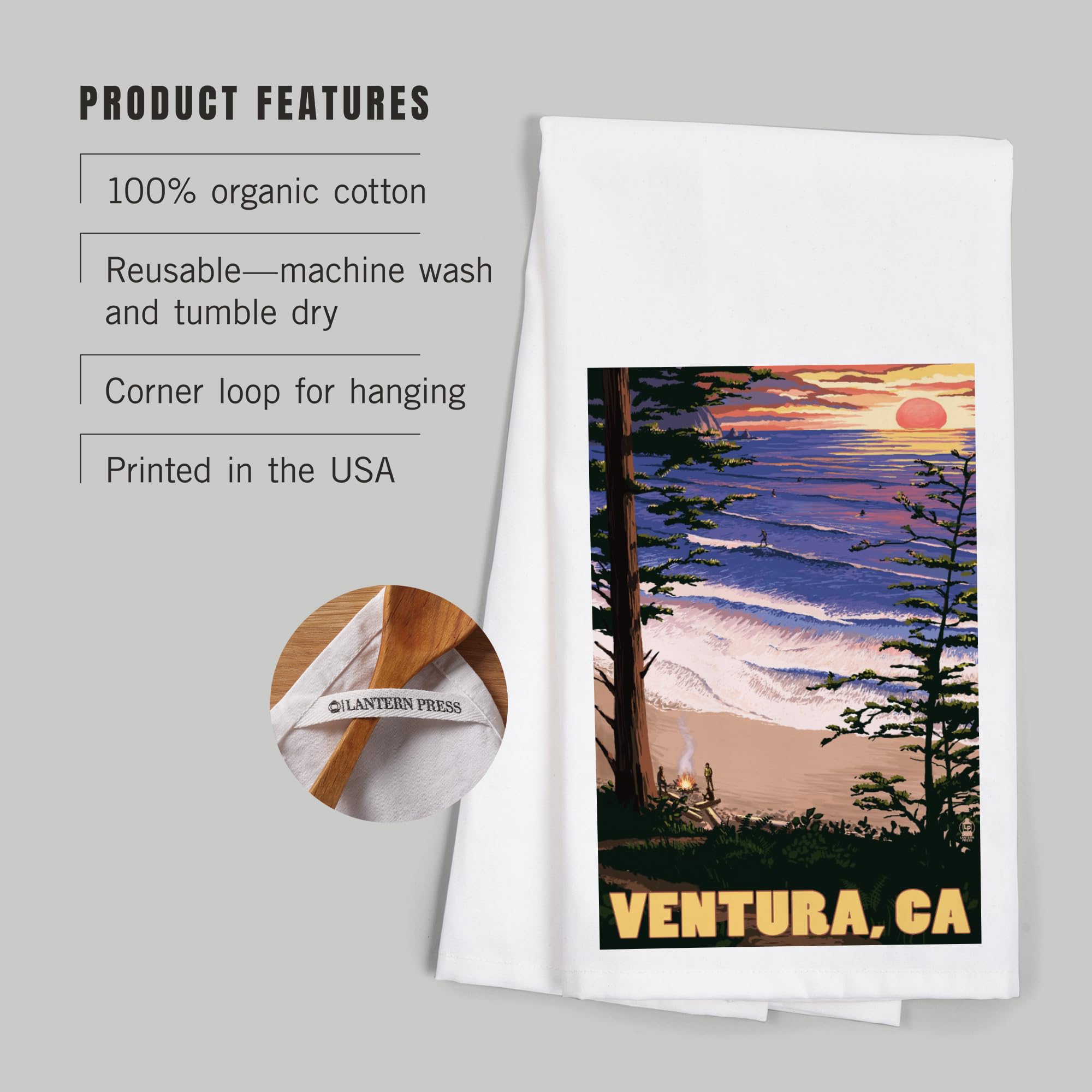 Lantern Press Ventura California Surfing Sunset Tea Towel - 100% Cotton Decorative Hand Towel for Kitchen & Home - Perfect for Beach House Decor, Coastal Kitchen, and Gift Giving