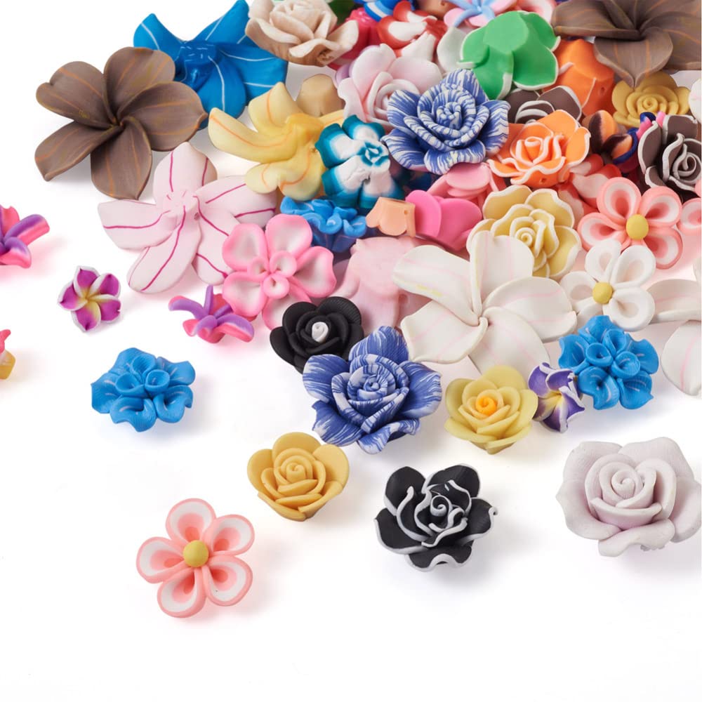 Cheriswelry 90pcs Handmade Polymer Clay Plumeria Beads - 3D Flower Spacer Beads in 9 Vibrant Colors (12-33mm) for DIY Jewelry Making, Earrings, Necklaces, Bracelets & Craft Projects