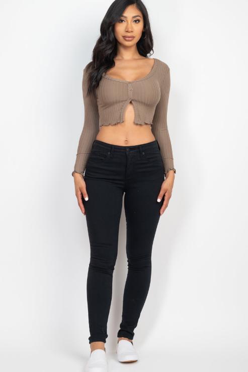 Ribbed Button Front Split Long Sleeve Women's Tops - CAPELLA | Casual & Work Blouse for Fall & Winter | Perfect for Office, Date Night & Layering