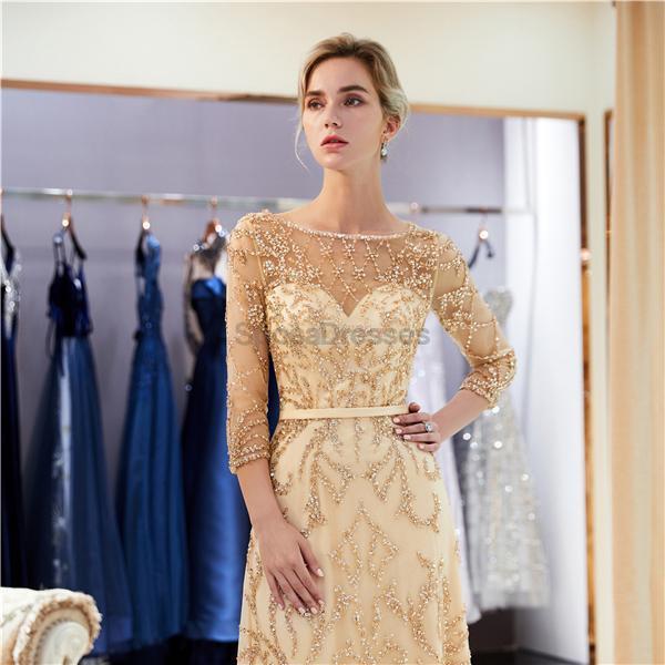 Elegant Long Sleeve Beaded Gold Evening Prom Dress for Women - Formal Gown for Homecoming, Ball, Party & Special Occasions | Style 12059