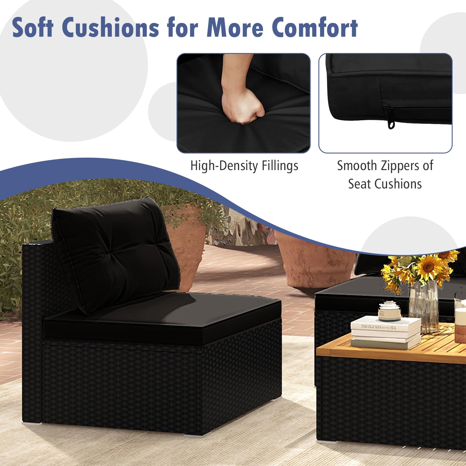 Tangkula 5-Piece Outdoor Rattan Sofa Set with Cushions & Square Coffee Table - Patio Furniture for Backyard, Poolside, Garden (Black) | Perfect for Relaxing, Entertaining & Outdoor Gatherings