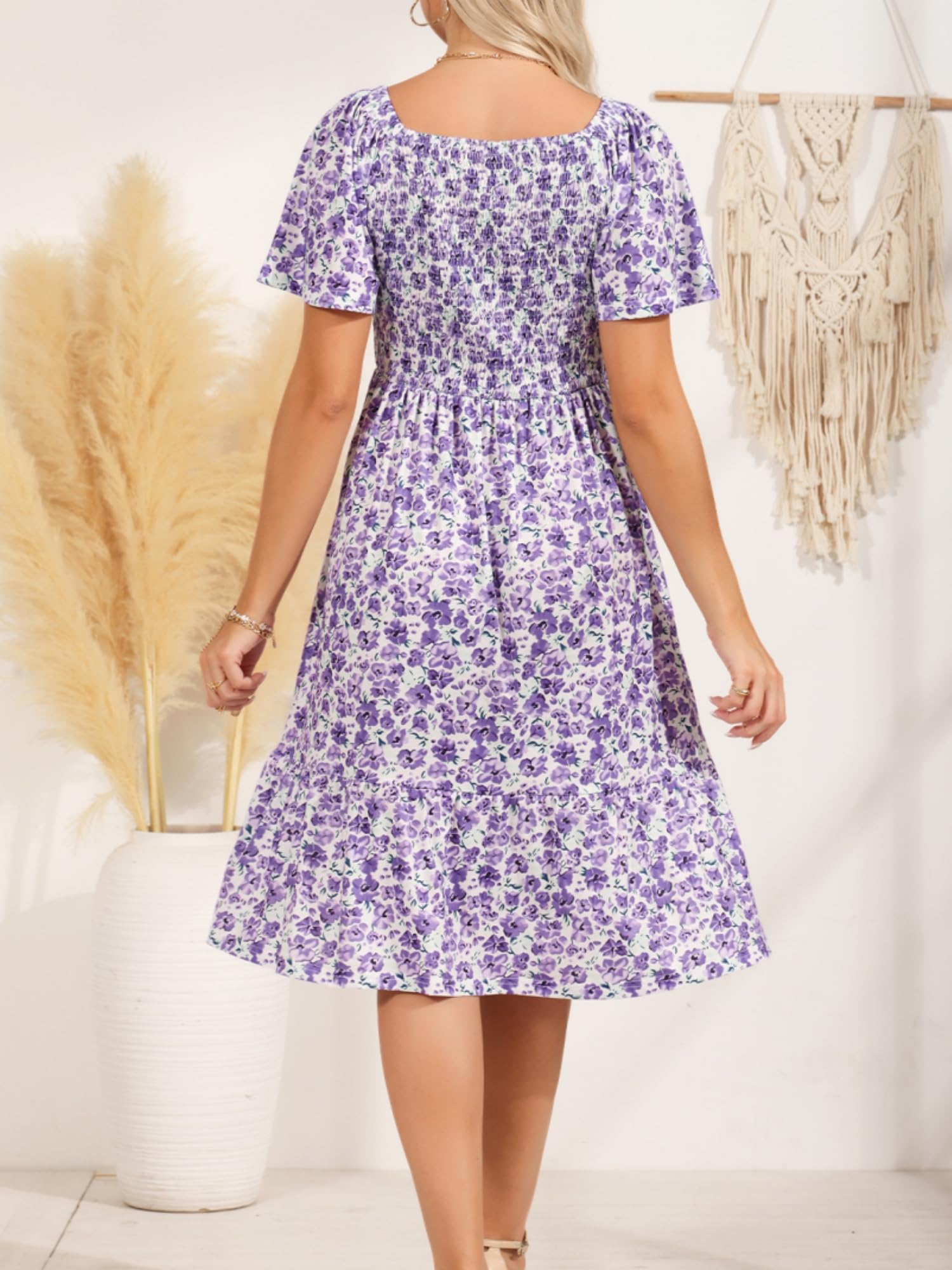 Women's Floral Midi Dress with Elastic Waist & Pockets - Casual Summer Sun Dress for Women 2025 | Beach Vacation, Garden Party & Everyday Wear