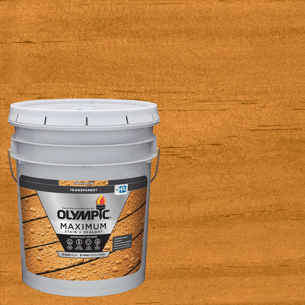 Olympic Maximum 5 Gallon Cedar Transparent Exterior Wood Stain & Sealant - Low VOC Formula for Decks, Fences & Outdoor Furniture Protection