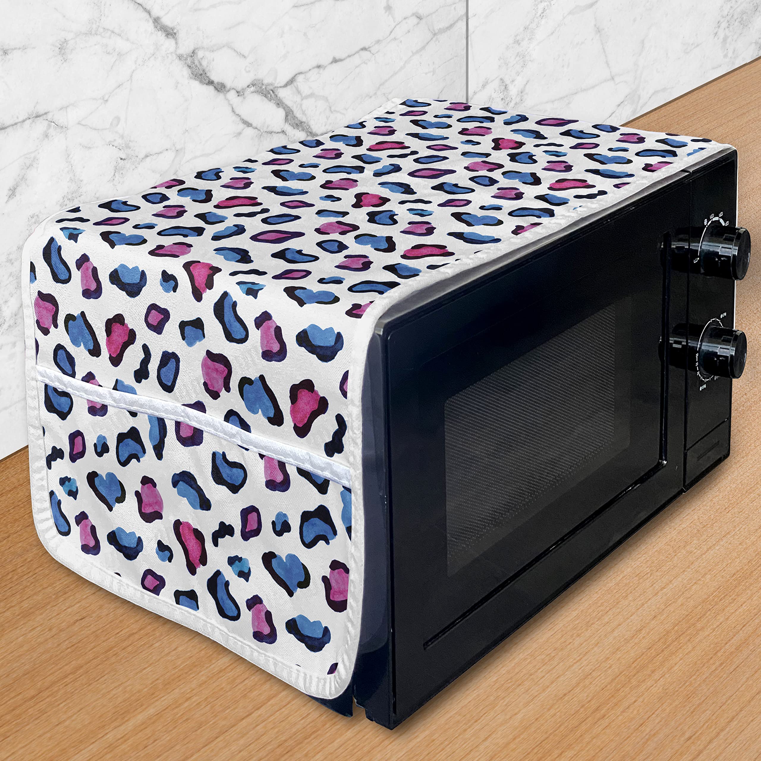 Ambesonne Waterproof Microwave Cover with Pockets - Exotic Savannah Animal Print in Blue, Pink & Black - 36