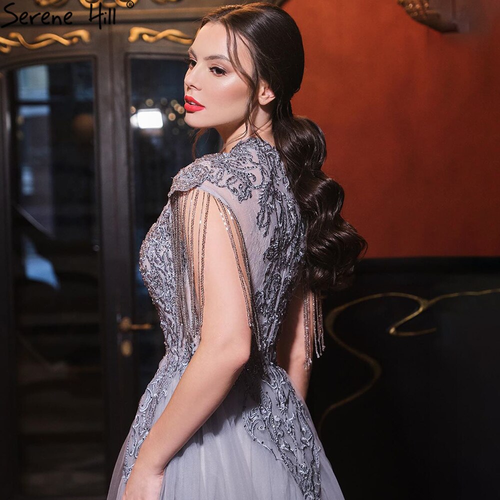 Elegant Grey Luxury Mermaid Evening Gown with Train & Cap Sleeves Beading for Women - Perfect for Prom, Gala & Formal Parties 2025