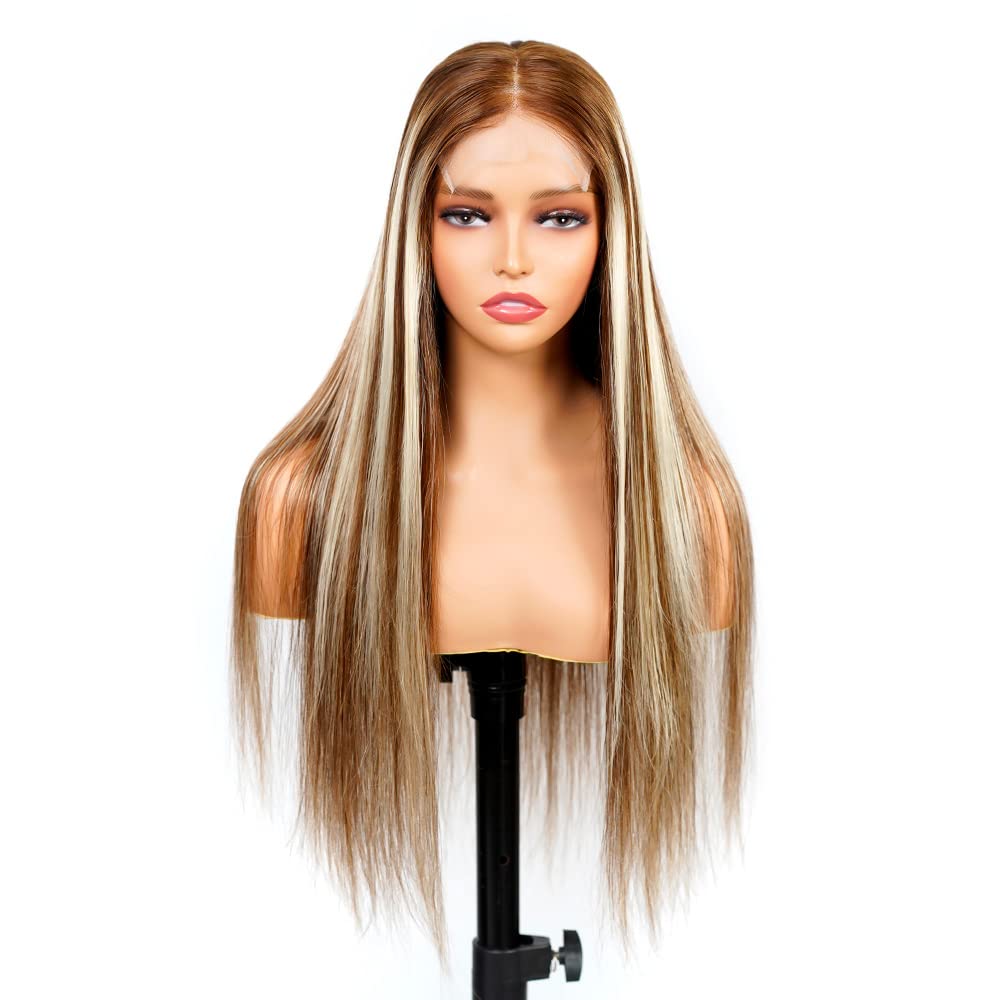 Ombre Blonde & Brown Highlight 20 Inch Human Hair Lace Front Wig - 5x5 Straight Lace Closure Wig for Black Women - Perfect for Daily Wear, Cosplay, and Special Occasions