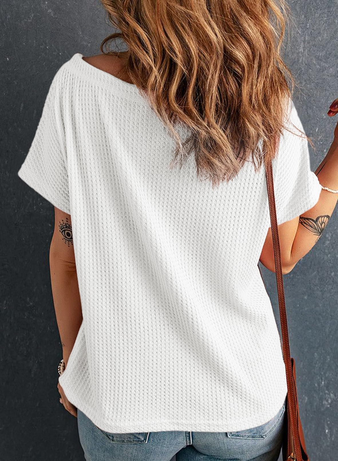 Dokotoo Women's Casual Boat Neck Short Sleeve Waffle Knit Shirt - Loose Summer Tunic Top Blouse for Beach, Vacation & Everyday Wear