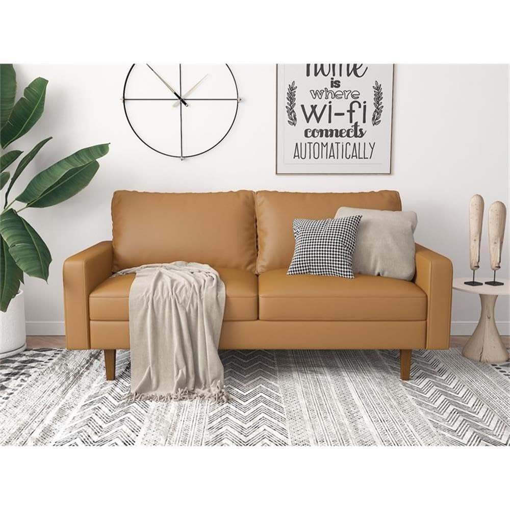 Aneley Brown Faux Leather Sofa - Modern Living Room Couch for Small Spaces, Apartments & Cozy Homes | Durable PU Leather, Comfortable Seating for Relaxing & Entertaining