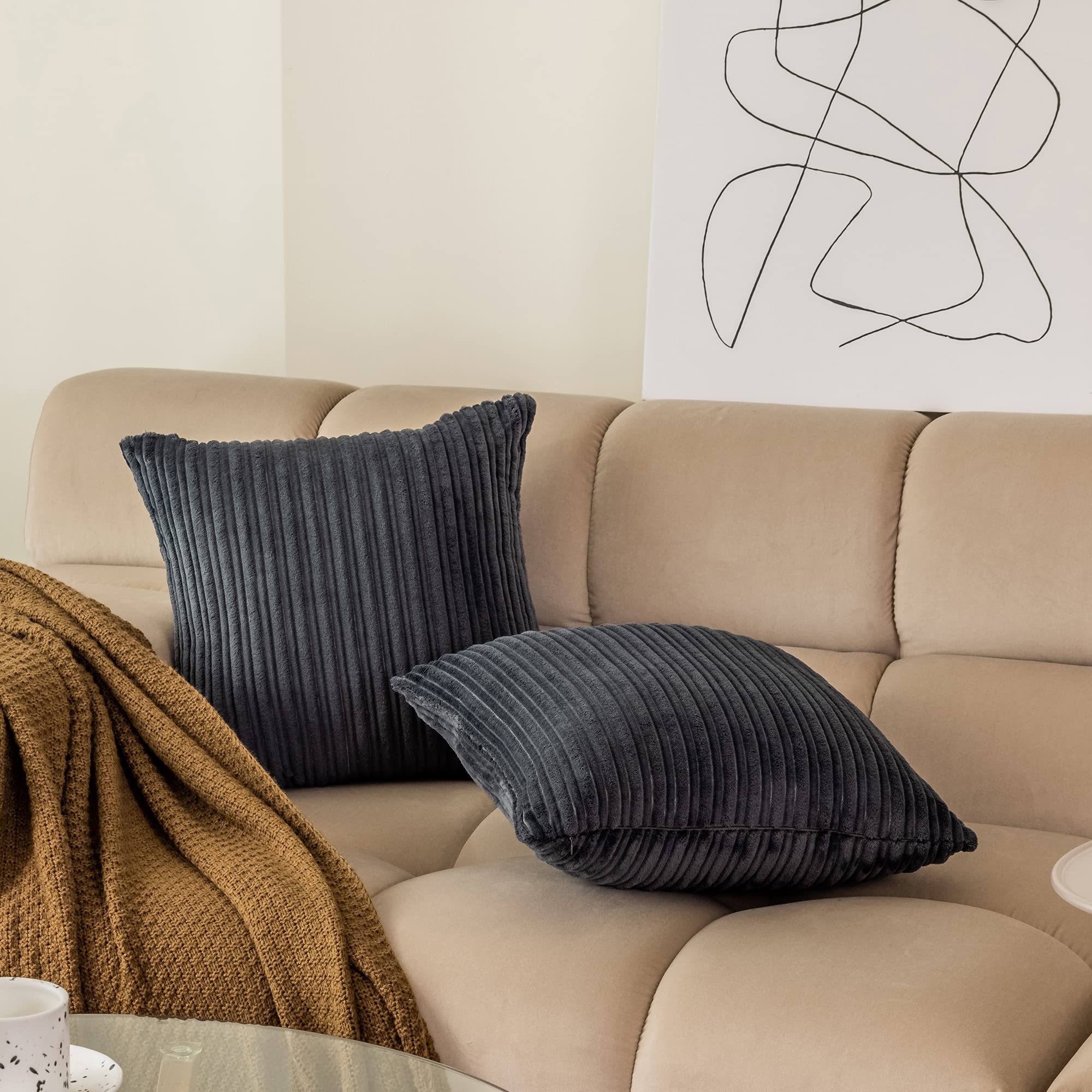 Kevin Textile 18x18 Inch Striped Corduroy Velvet Throw Pillow Covers Set of 2 - Dark Grey Euro Sham Cushion Covers for Sofa, Bed & Home Decor | Soft & Stylish Living Room & Bedroom Accent Pillows
