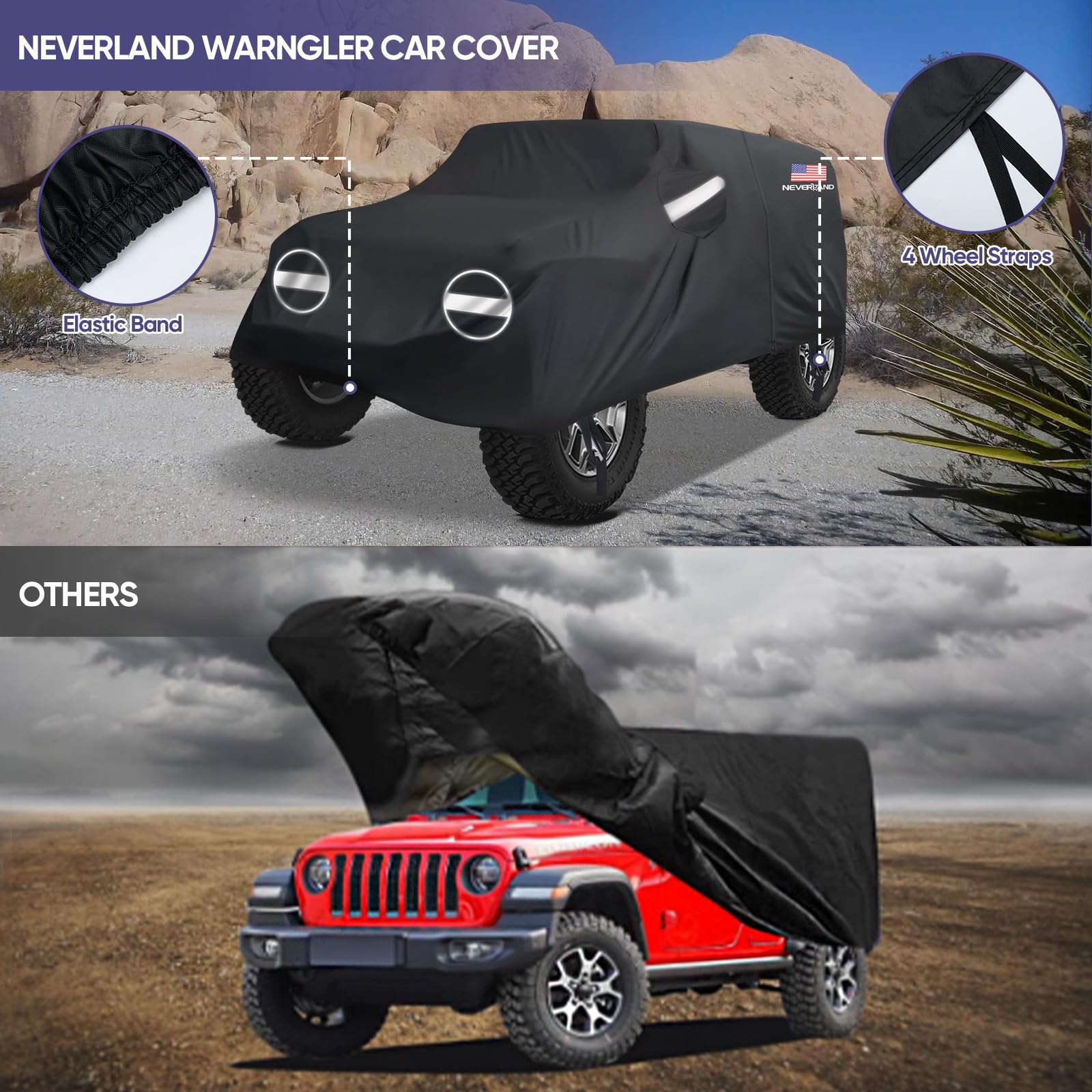 NEVERLAND Waterproof All-Weather Car Cover for Jeep Wrangler 2 Door (Fits JK JL JLU JKU 2007-2025 Models) - UV Sun & Rain Protection with Convenient Door Zipper - Perfect for Outdoor Parking & Vehicle Storage