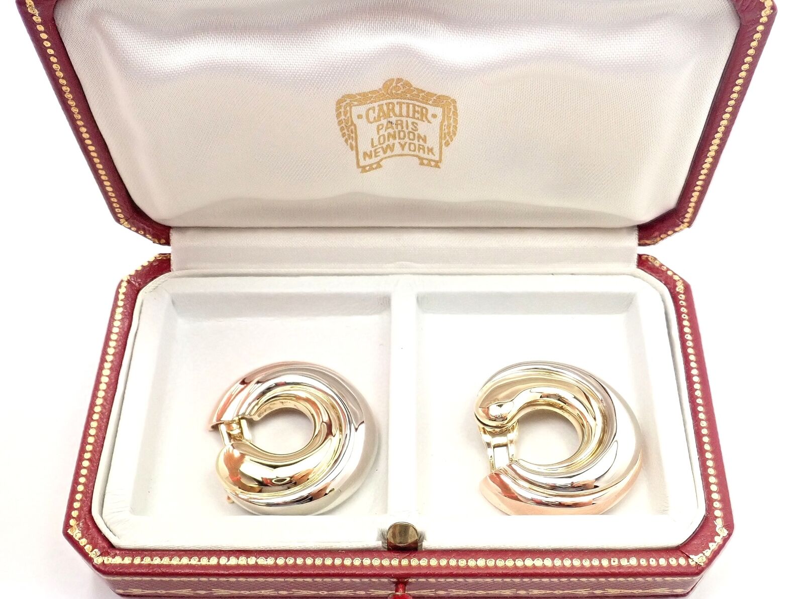 Authentic Cartier 18k Tri-Color Gold Large Trinity Swirl Hoop Earrings for Women | Luxury Jewelry Gift for Anniversary, Birthday & Special Occasions