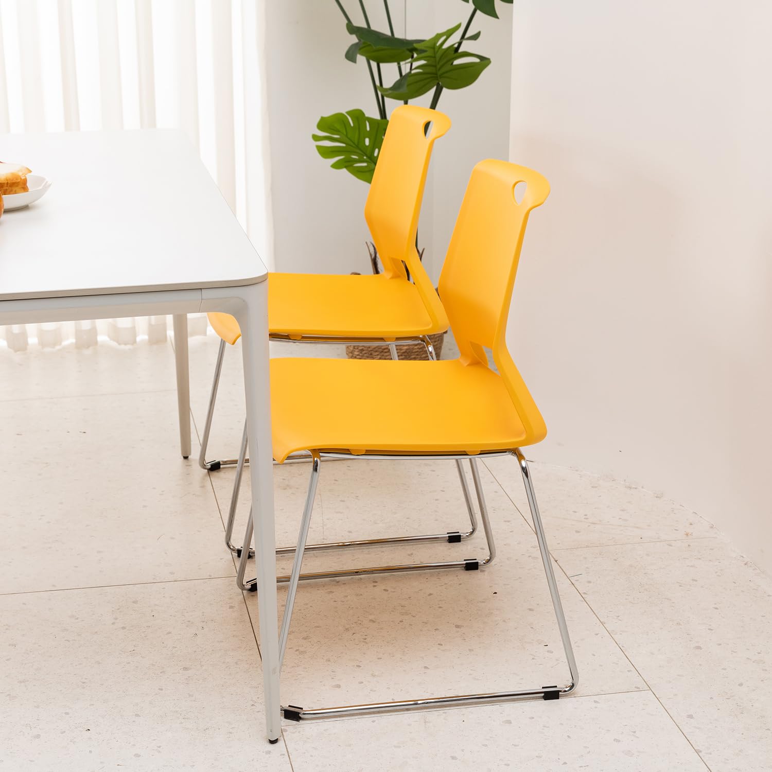 FULONG 4-Pack Stacking Chairs - Heavy Duty Stackable Metal Frame Waiting Room Chairs, Armless Reception Chairs for Office, School, Home, Restaurant (Yellow) - Perfect for Space-Saving Seating in Classrooms, Events & Compact Areas