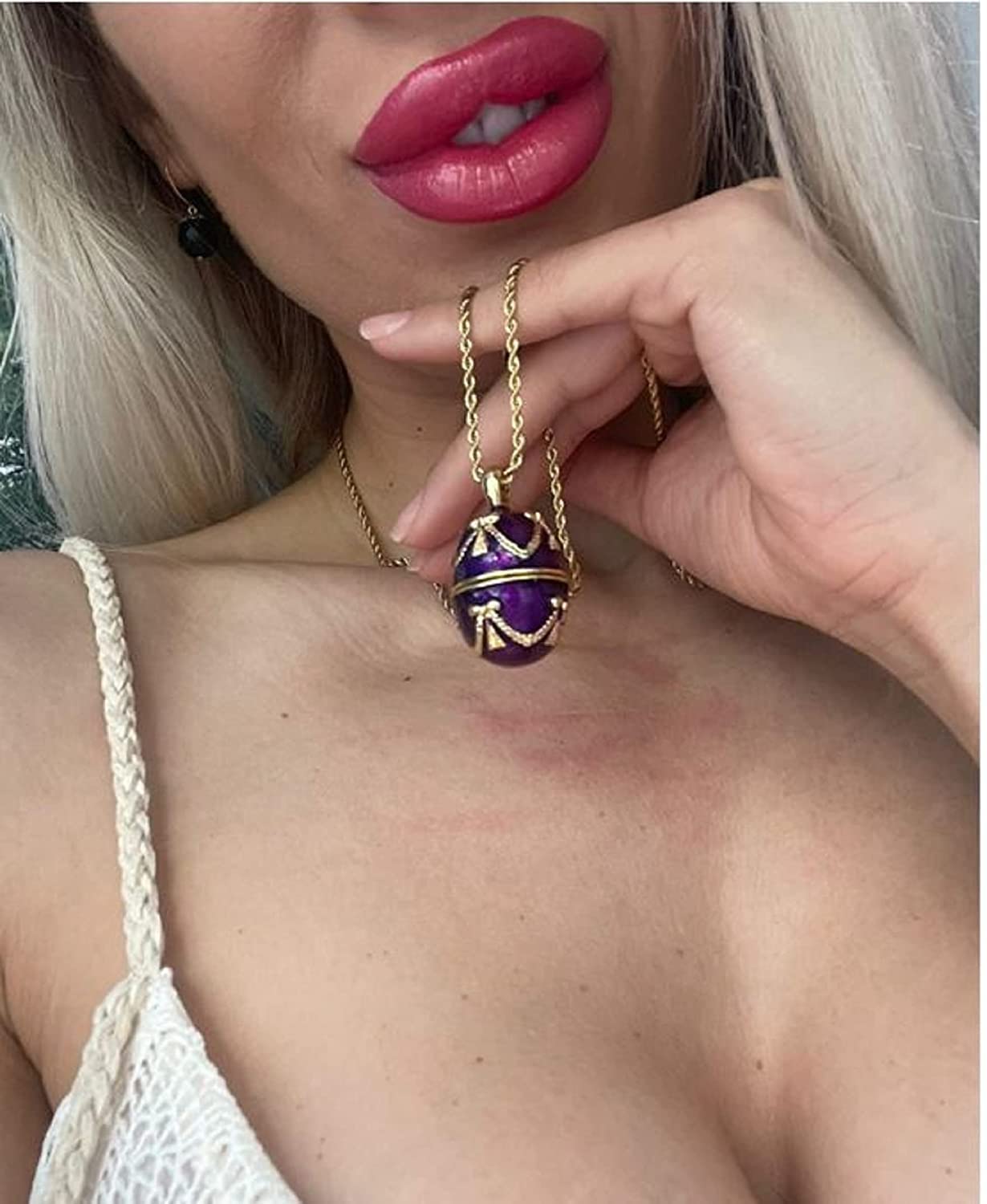 Handmade 24k Gold Plated Amethyst Faberge Egg Pendant Necklace & Bracelet Set - Russian Style Purple Jewelry Gift with 23.5