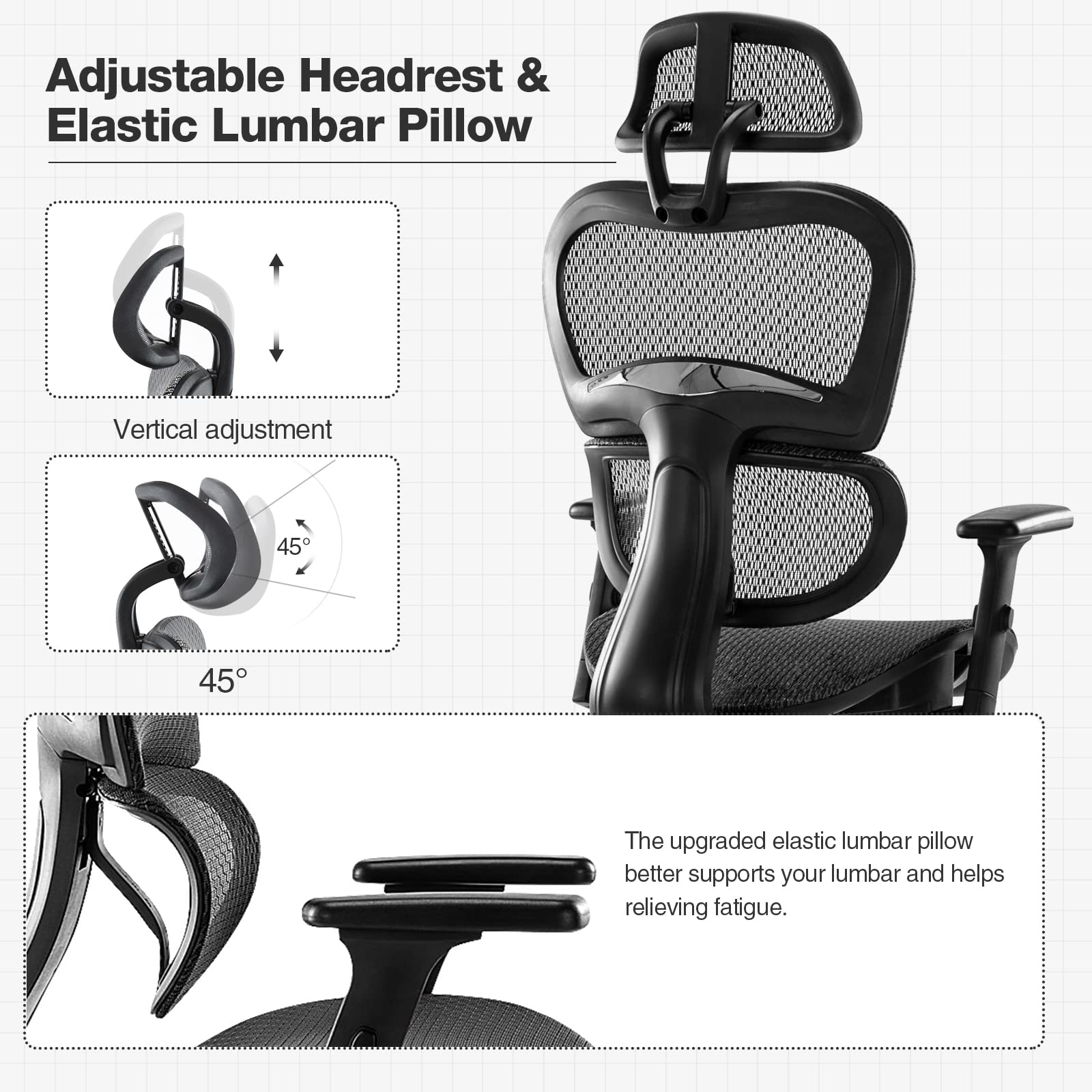 Ergonomic High Back Office Chair with Headrest & Lumbar Support - Adjustable Height Mesh Computer Chair with Swivel Base & Movable Armrests - 300 lbs Weight Capacity - Perfect for Home Office, Gaming & Executive Workspaces