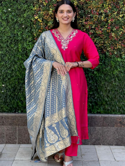 Elegant Magenta Roman Silk Salwar Suit with Jacquard Dupatta - Traditional Indian Ethnic Wear for Weddings, Festivals & Special Occasions