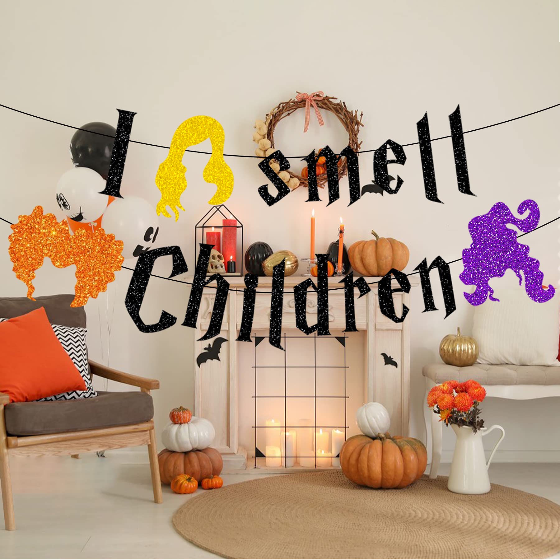 I Smell Children Halloween Banner - Black Glitter Party Decor for Home, Fireplace Mantel & Office - Hocus Pocus Inspired Halloween Decorations - Perfect for Spooky Parties, Haunted House Themes & Witchy Celebrations