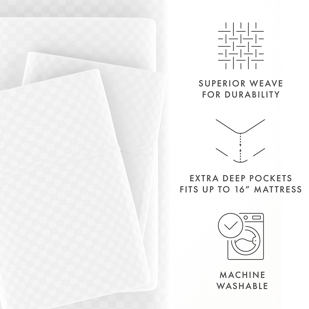 Checkered Embossed 4-Piece Queen Size Sheet Set - Soft Breathable Bedding for Comfortable Sleep - Perfect for Master Bedroom, Guest Room & Dorm