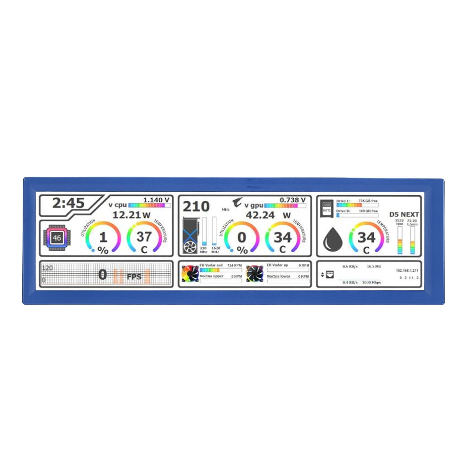 Mini PC Temperature Display Panel - Touch Screen Monitor for Dash Navigation & System Monitoring (Blue) | Ideal for Car Dashboard, Gaming PC, and Home Office Setup