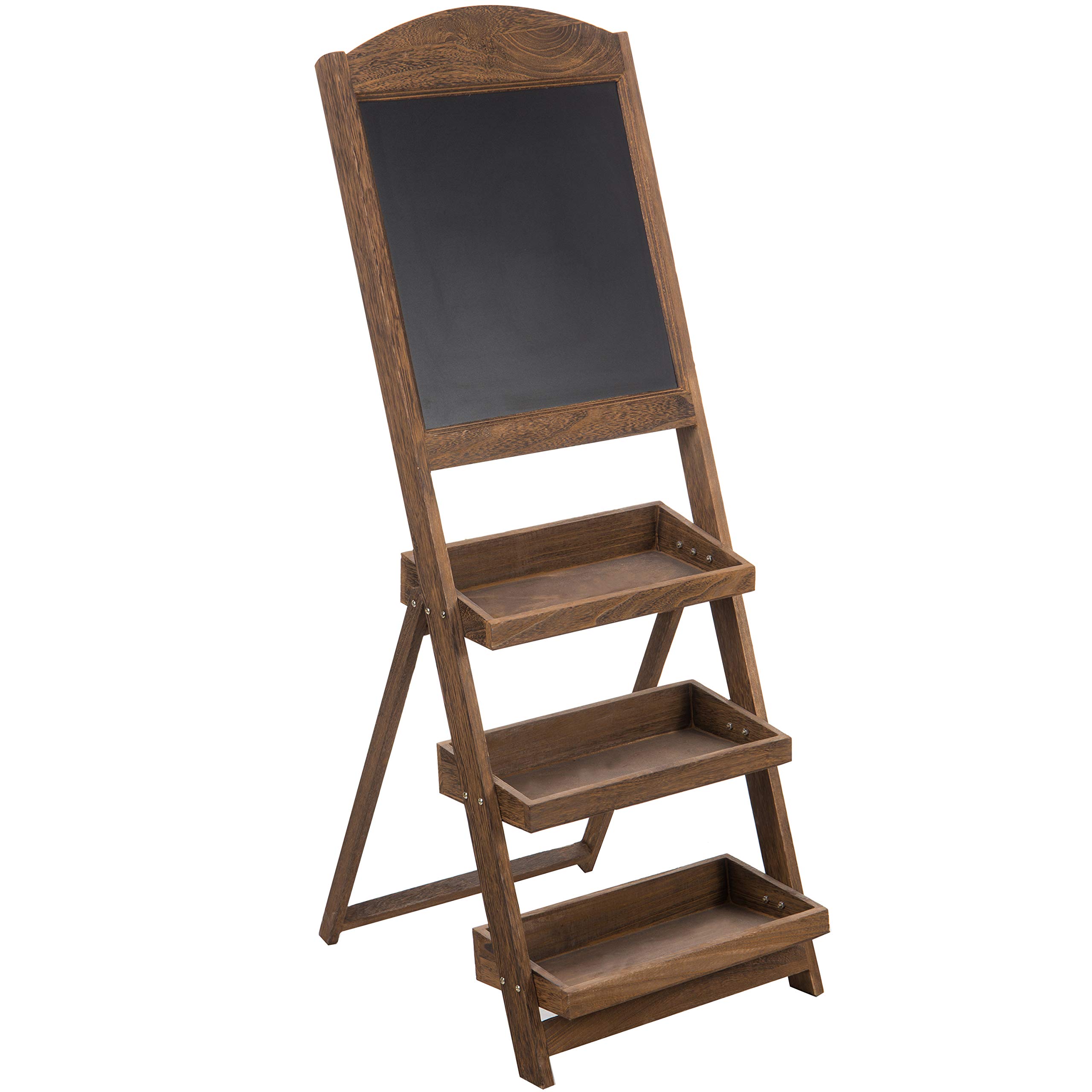 Rustic Burnt Wood Freestanding Chalkboard Easel with 3-Tier Display Shelves - Decorative Chalkboard Plant Stand for Home, Cafe, or Wedding Decor | Perfect for DIY Signs, Menu Boards & Indoor Plant Display