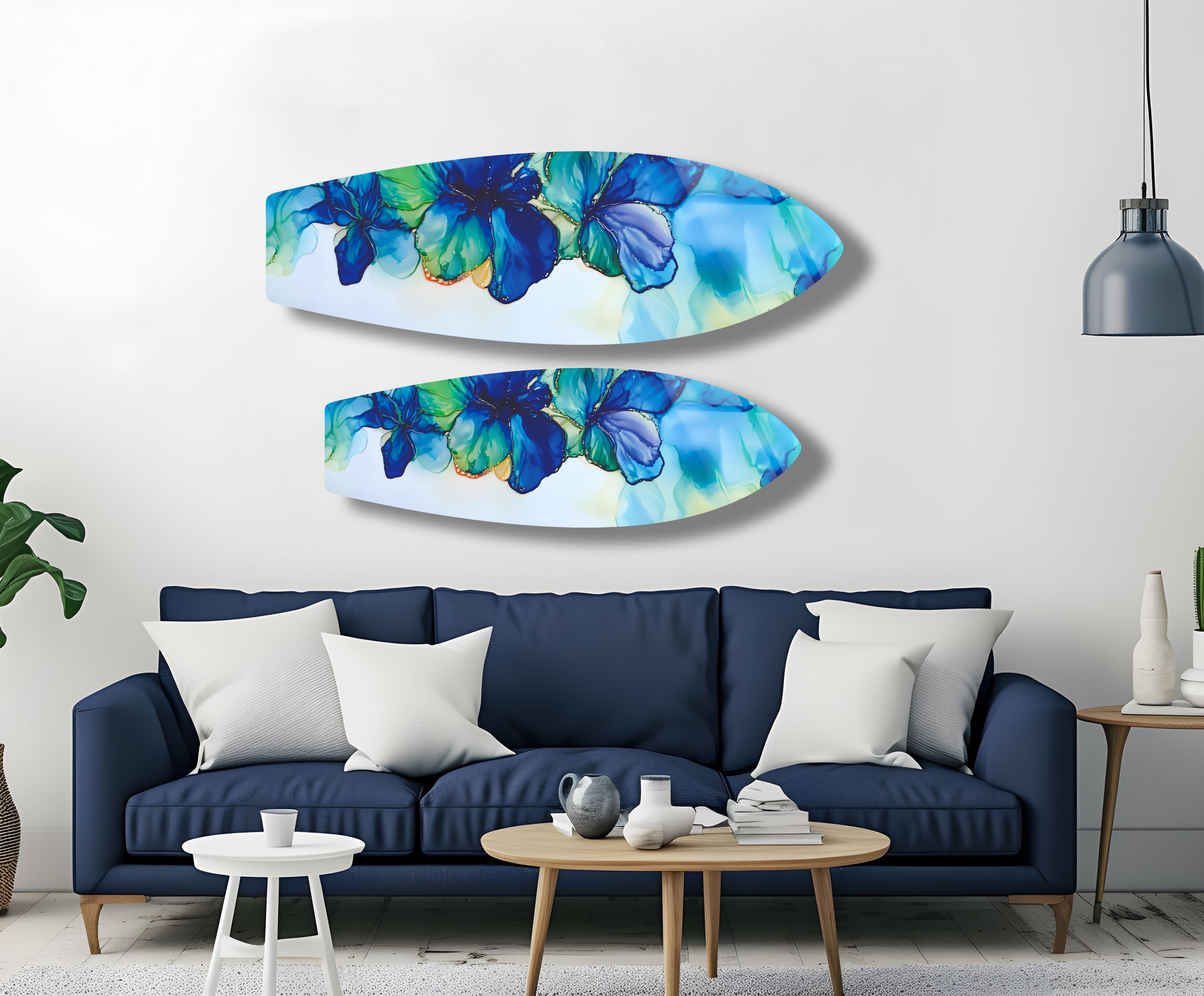 Blue Alcohol Ink Flower Surfboard Wall Art - Handmade Coastal Decor for Beach House, Living Room & Bedroom - Unique Ocean Themed Painting for Home & Office