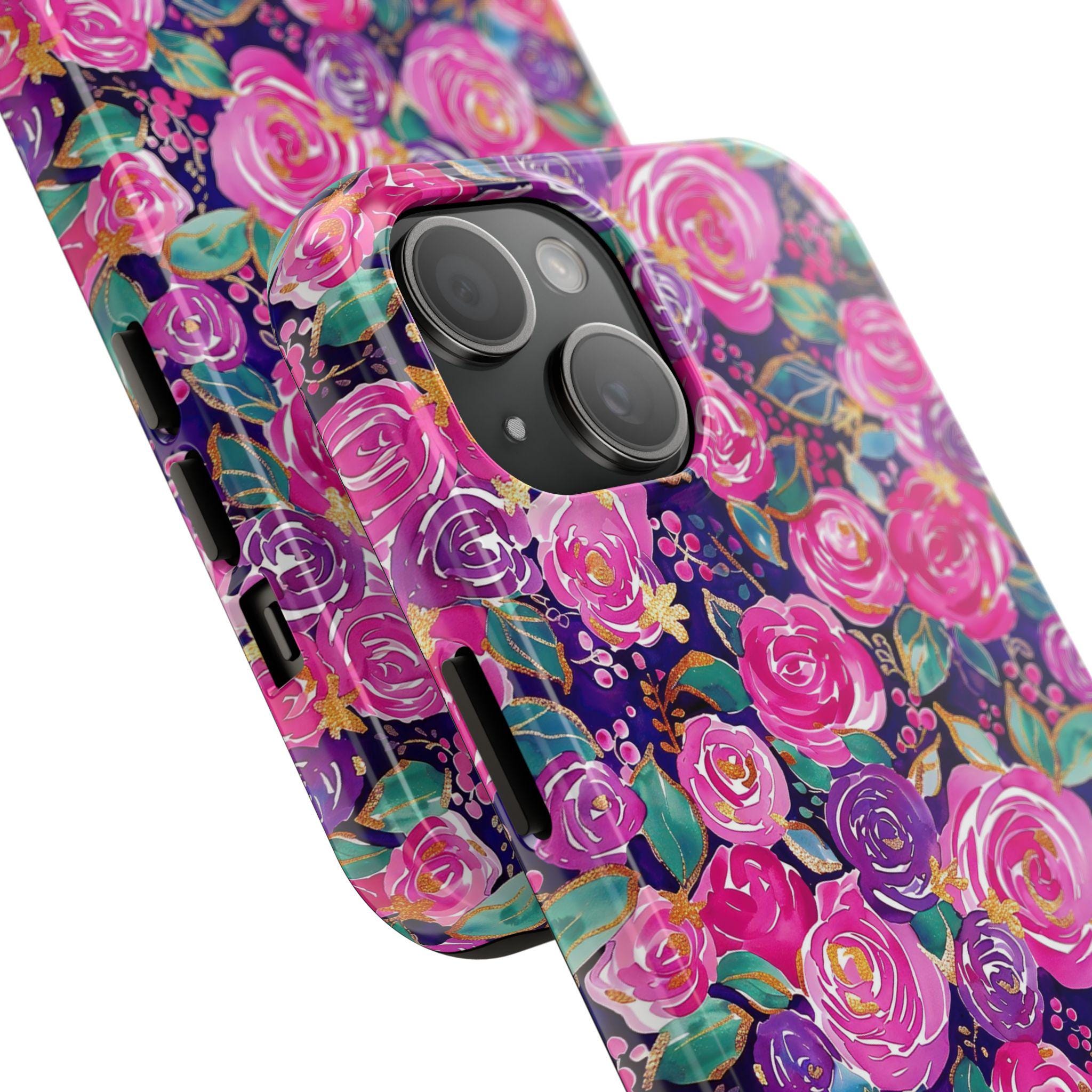Floral MagSafe iPhone Case with Strong Magnet - Preppy Purple Rose Design, Durable Samsung Phone Cover, Custom Personalized Gift for Women & Mom - Perfect for Daily Use, Travel & Special Occasions