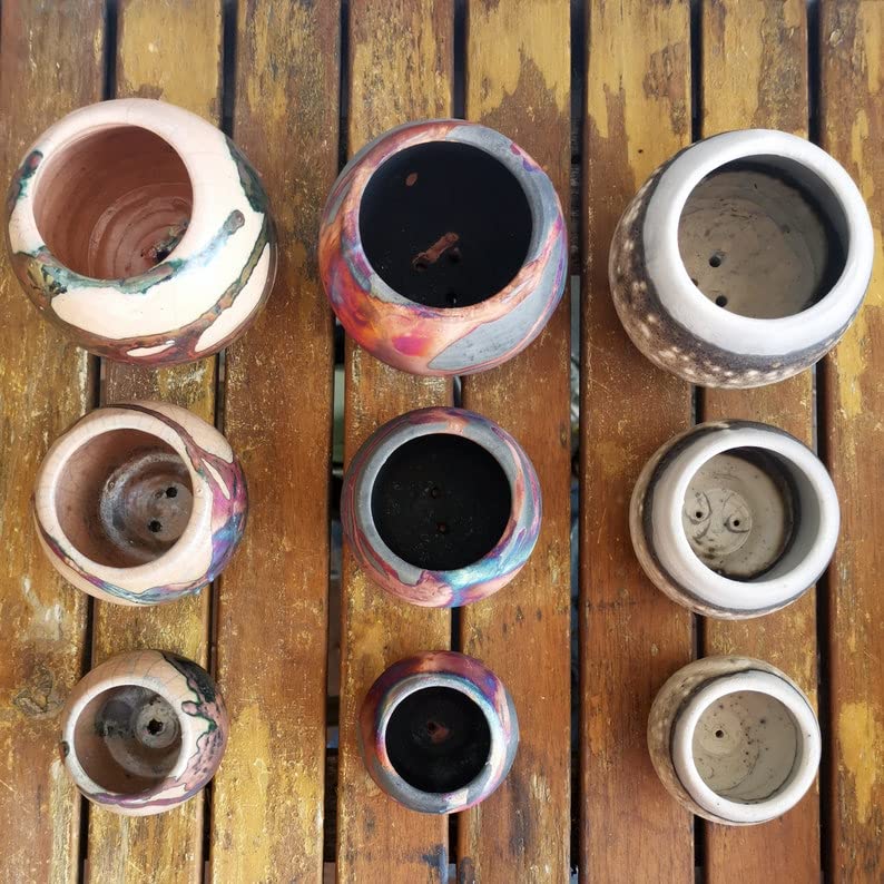 RAAQUU Tsuchi 3-Piece Mixed Finish Raku Ceramic Planter Set - Handmade Pottery for Indoor Plants, Cactus & Succulents - 10cm Unique Home Decor Gift for Housewarming, Wedding & Office Decor