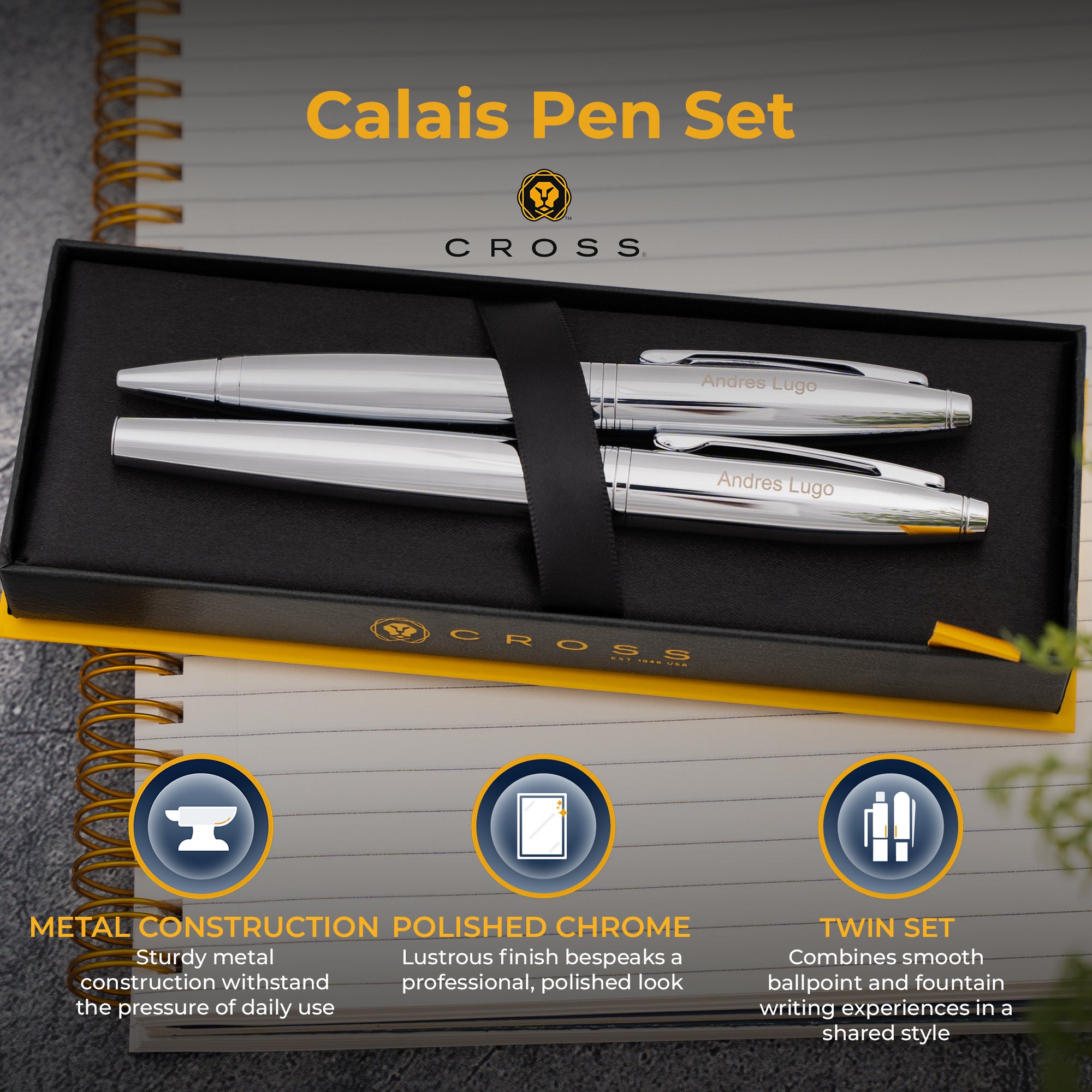 Cross Calais Ballpoint and Fountain Pen Set - Premium Polished Chrome Finish - Perfect for Office, Gifts & Professional Writing