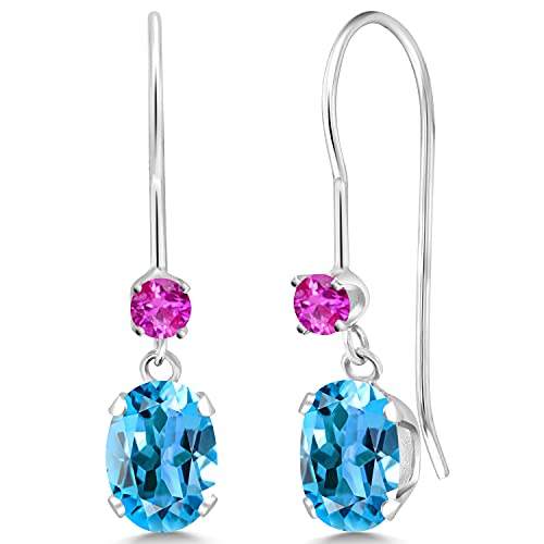 1.26 Ct Oval Swiss Blue Topaz & Pink Sapphire 14K White Gold Dangle Earrings for Women - Elegant Gemstone Jewelry Gift for Birthday, Anniversary & Special Occasions